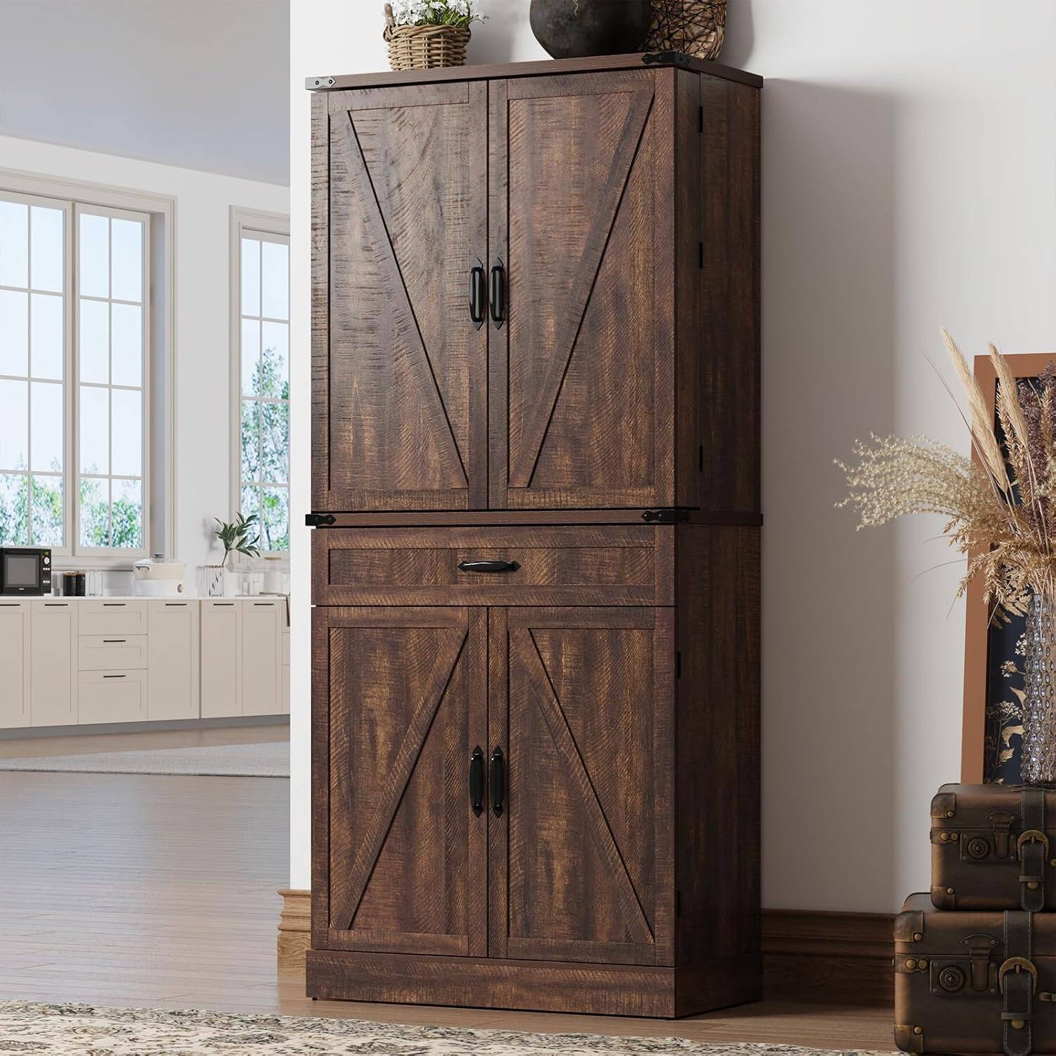 Angle. Espafurni - 71" Farmhouse Pantry Cabinet with 3 Drawers, 6 Barn Door Shelves & Adjustable Storage - Brown.