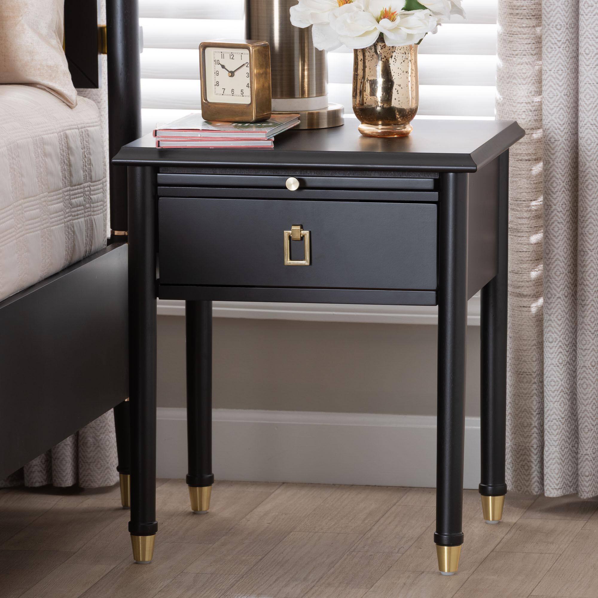 Alt View 5. Baxton Studio - Tamra Black Wood Nightstand with Pullout Shelf - Modern Transitional Bedside Table with Metallic Accents - Black.