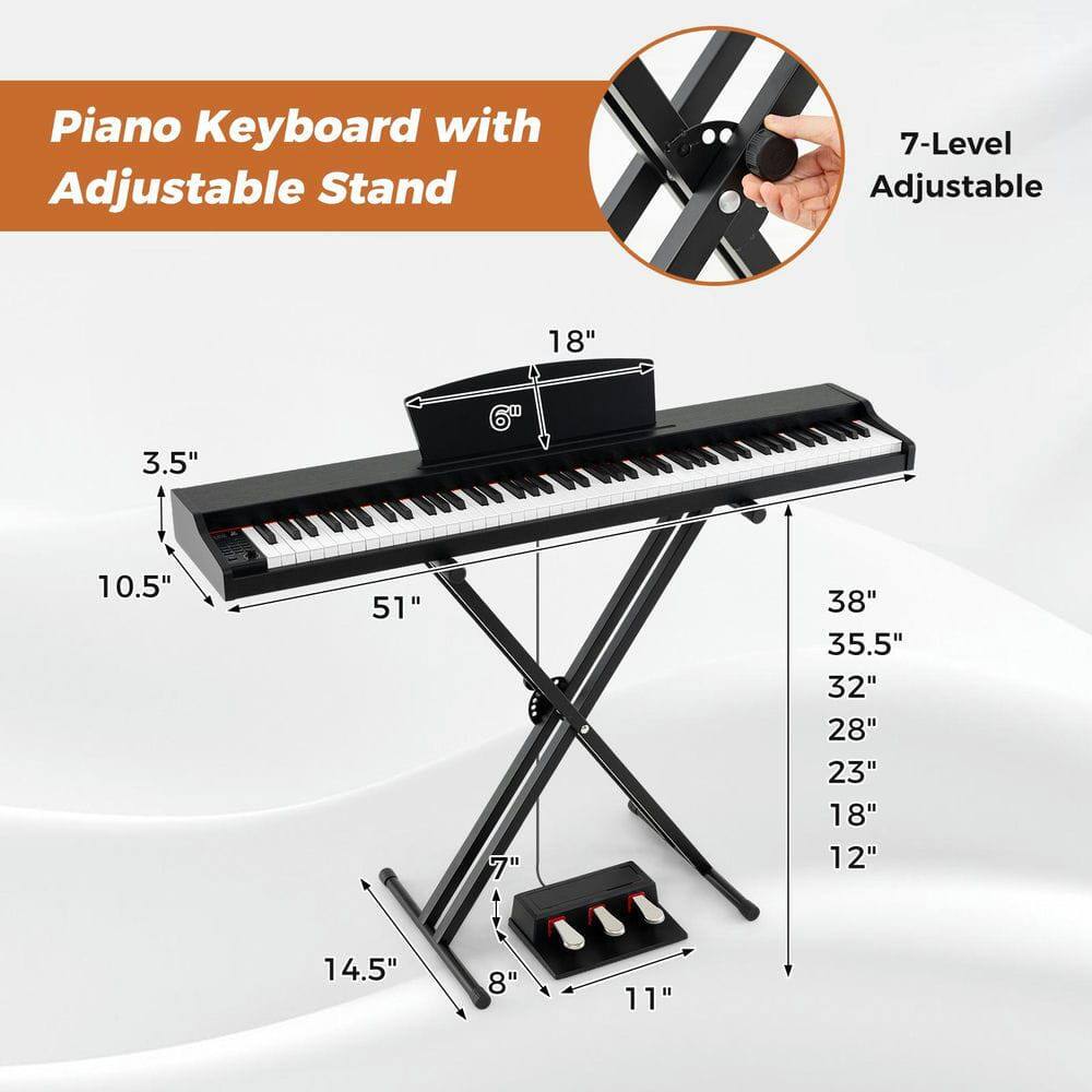 Piano Keyboard with Adjustable Stand  
7-Level Adjustable  
18"  
3.5"  
10.5"  
51"  
7"  
38"  
35.5"  
32"  
28"  
23"  
18"  
12"  
14.5"  
8"  
11"