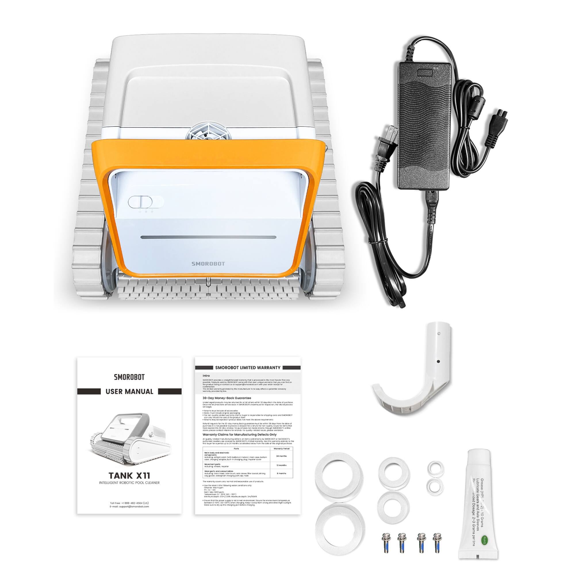 SMOROBOT  
USER MANUAL  
TANK X11  
INTELLIGENT HOT WATER POOL CLEANER  

SMOROBOT LIMITED WARRANTY  
20-Day Money-Back Guarantee  
1-Year Warranty for Manufacturing Defects Only  

[Additional text and details from the warranty document]  

[Contact information and website URL]  

[Image of the pool cleaner and accessories]