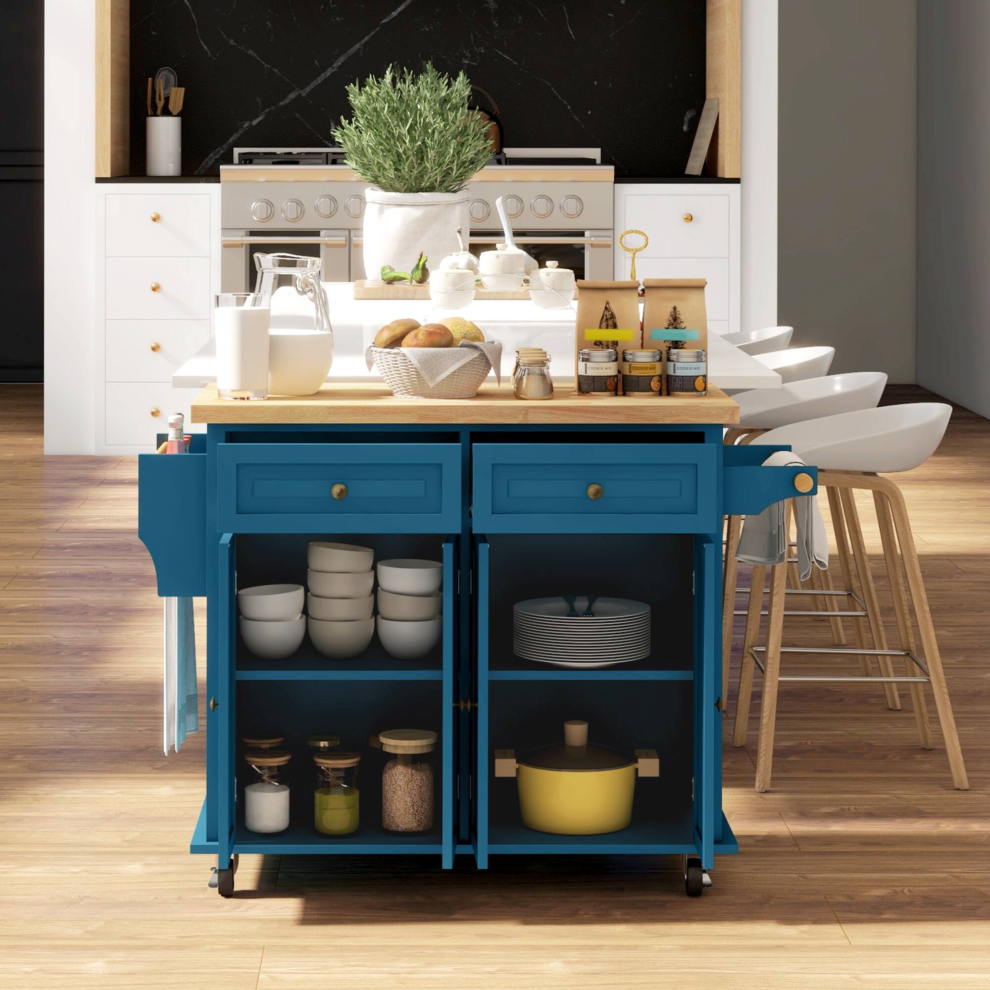 Alt View 7. Homcom - Island on Wheels, Rolling Cart with Rubberwood Top, Spice Rack - Turquoise.