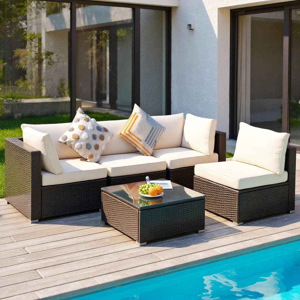 Kadyn - 5 Pieces Cushioned Patio Rattan Furniture Set with Glass Table- Patio Seating Conversation Set - White