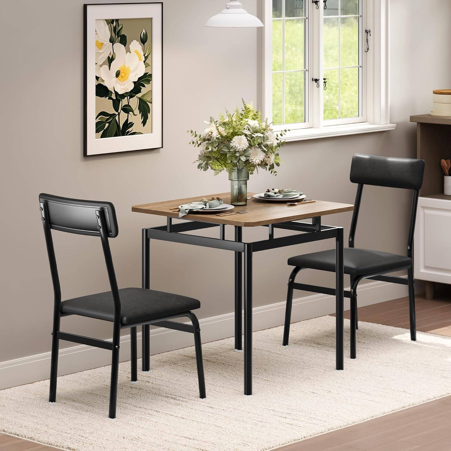 Alt View 1. Jojoka - Kitchen Table 3 Piece Dining Table Set for 2 Small Kitchen Table and 2 PU Upholstered Chairs - Multiple colors.