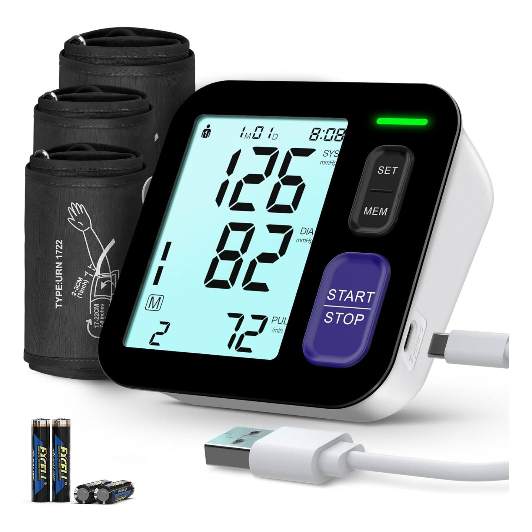 1722 TYPE: URN T 2-3CM () 17-22CM ! IMLi iD 8:08 SYS mmHg SET 126 EM DIA mmHg 1 82 START M PUL STOP 2 12 imin Ty20-0 I i