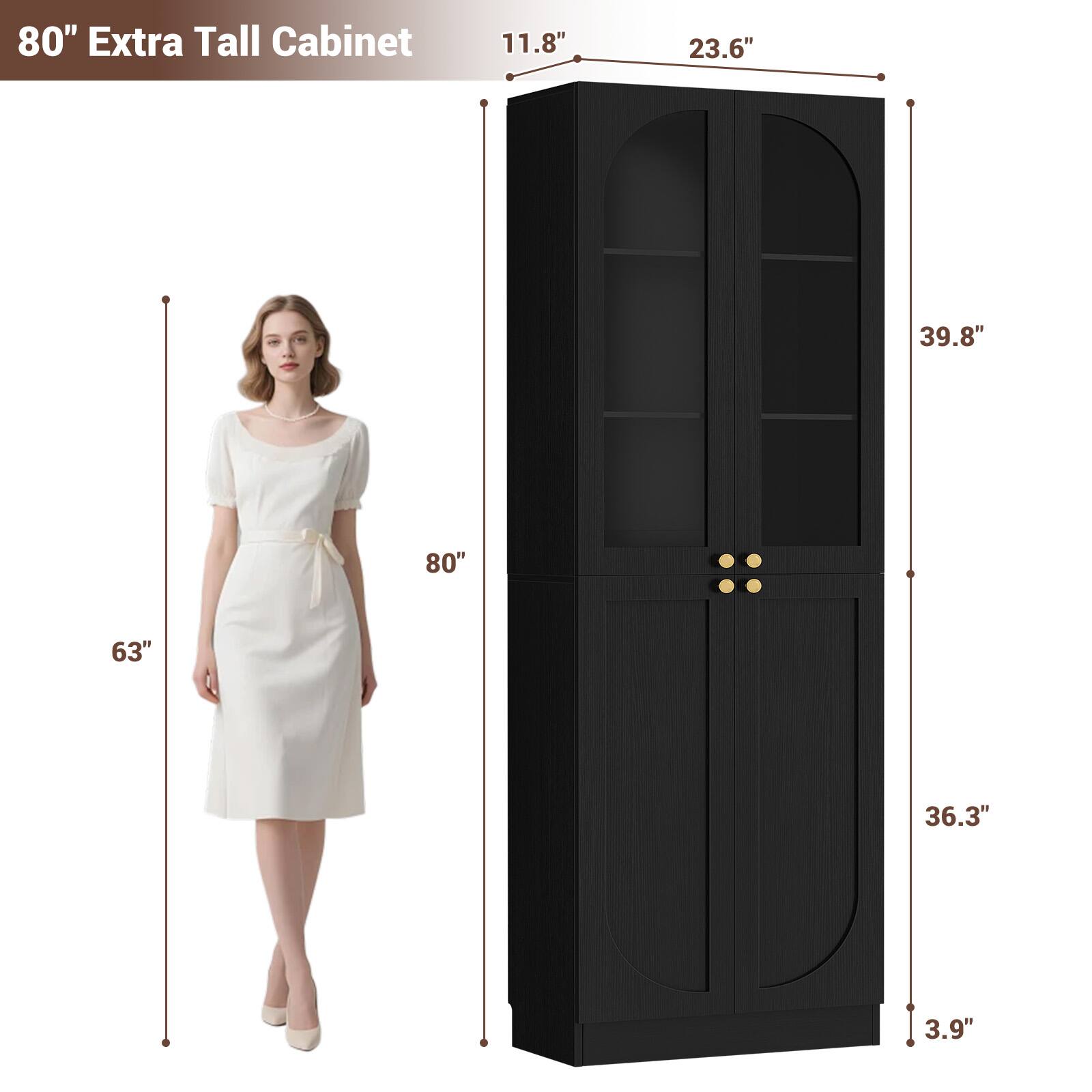 80" Extra Tall Cabinet

- Width: 11.8"
- Depth: 23.6"
- Height: 80"
- Width of Bottom Section: 36.3"
- Height of Bottom Section: 3.9"
- Height of Top Section: 39.8"
- Height of Person for Scale: 63"