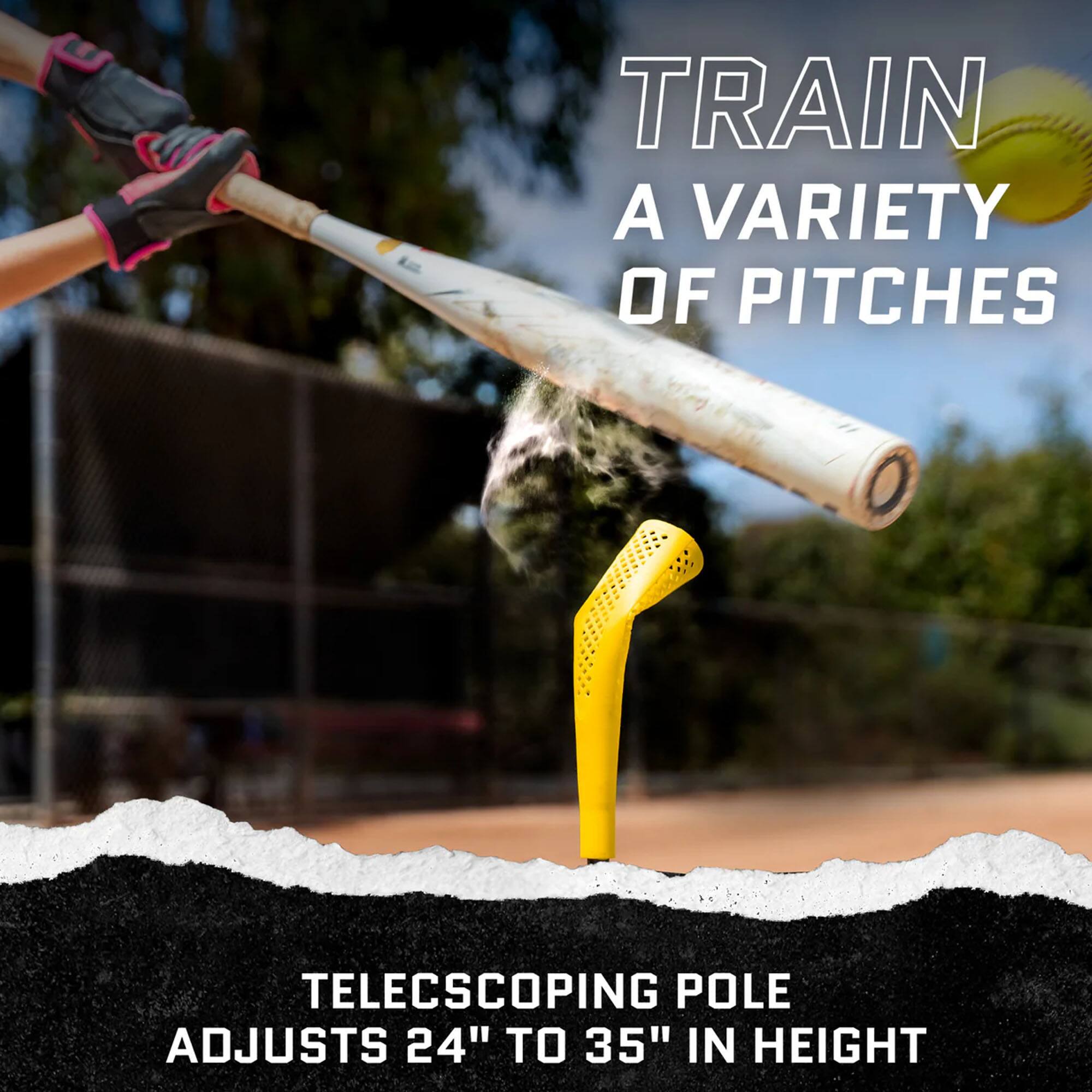 TRAIN A VARIETY OF PITCHES  
TELESCOPING POLE ADJUSTS 24" TO 35" IN HEIGHT