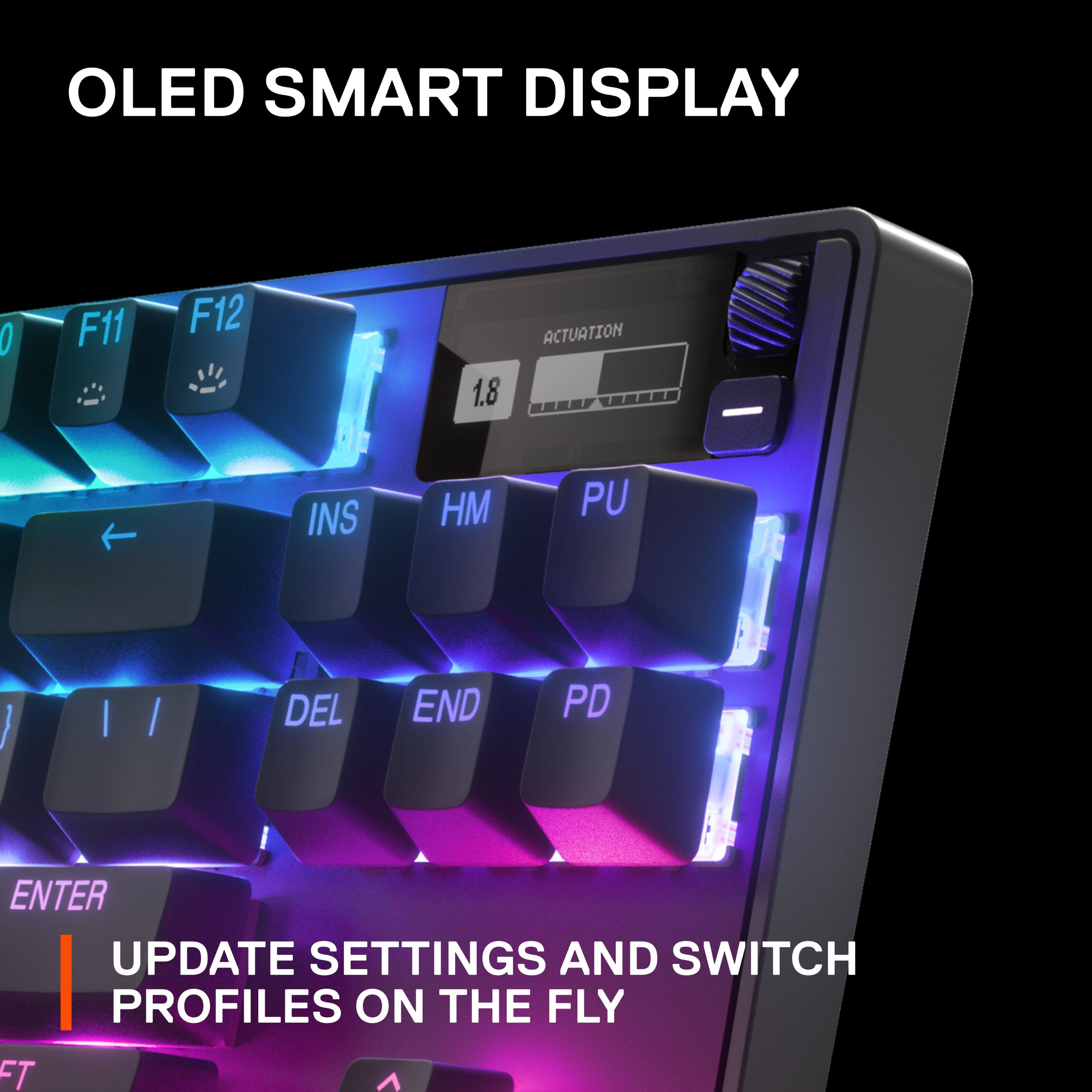 OLED SMART DISPLAY O F11 F12 1.8 ACTUATION INS HM PU DEL END PD ENTER UPDATE SETTINGS AND SWITCH PROFILES ON THE FLY