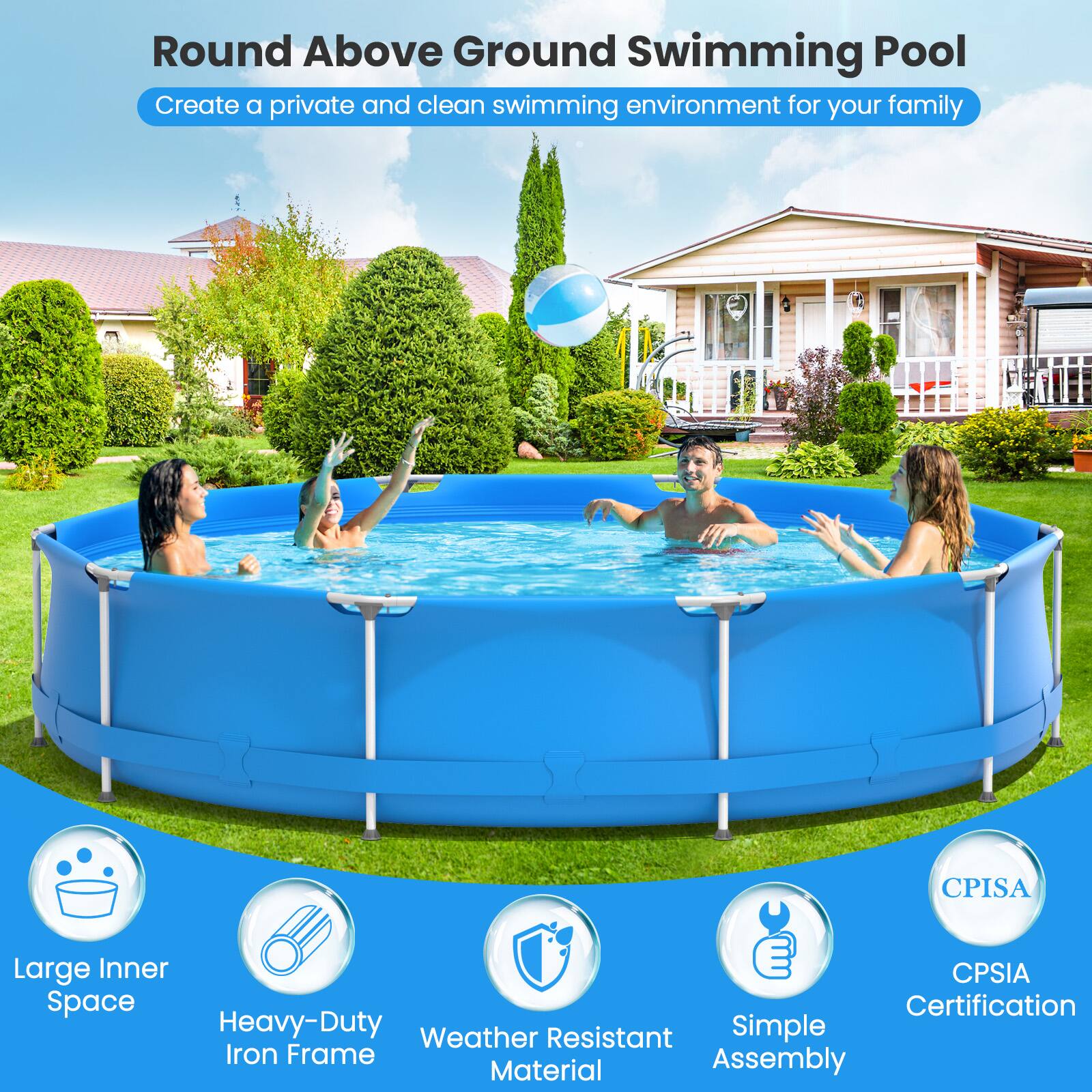 Round Above Ground Swimming Pool Create a private and clean swimming environment for your family CPSIA Large Inner Space Certification Heavy-Duty Weather Resistant Simple Iron Frame Assembly Material