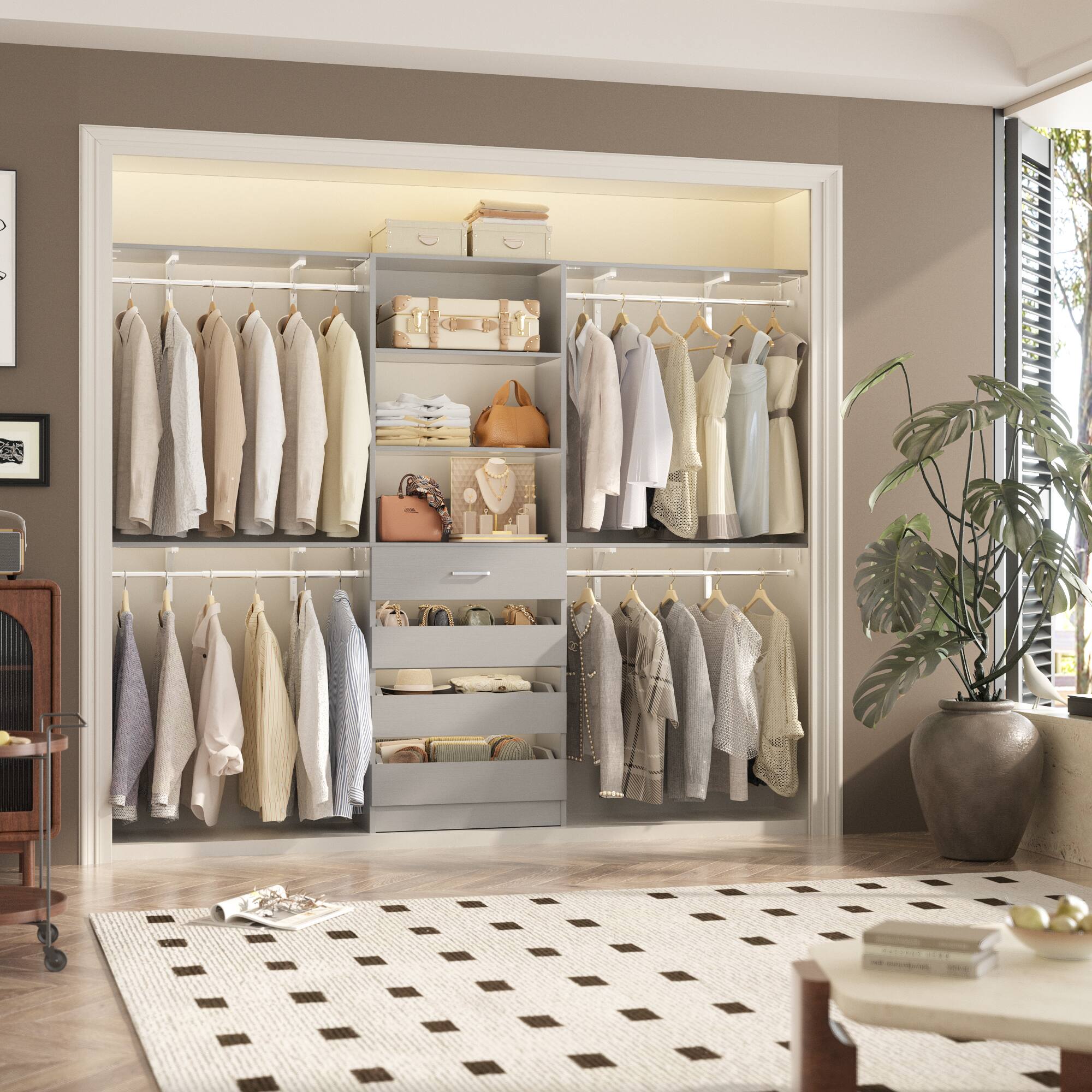 Left. Aheaplus - Heavy-Duty 8FT Closet Organizer with 4 Drawers - Customizable Storage for Spaces 4-9 ft - Gray.