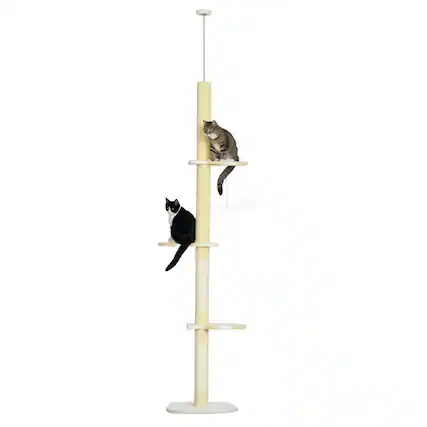 Front. Pawhut - 87"-103" Height Adjustable Floor to Ceiling Cat Tree, 4 Tier Tall Cat Tower with Plush Platforms, Sisal Scratching Posts - Yellow.