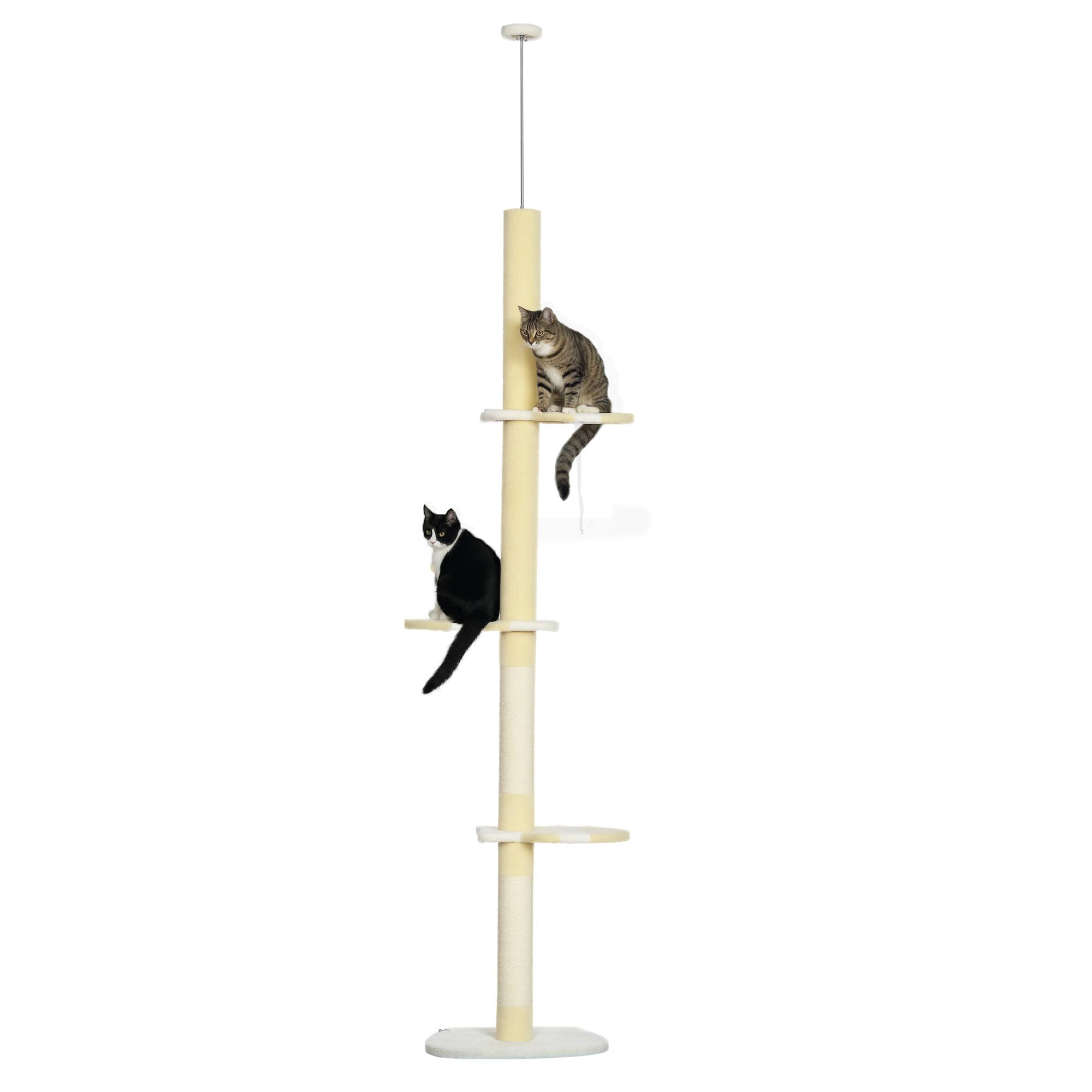Front. Pawhut - 87"-103" Height Adjustable Floor to Ceiling Cat Tree, 4 Tier Tall Cat Tower with Plush Platforms, Sisal Scratching Posts - Yellow.