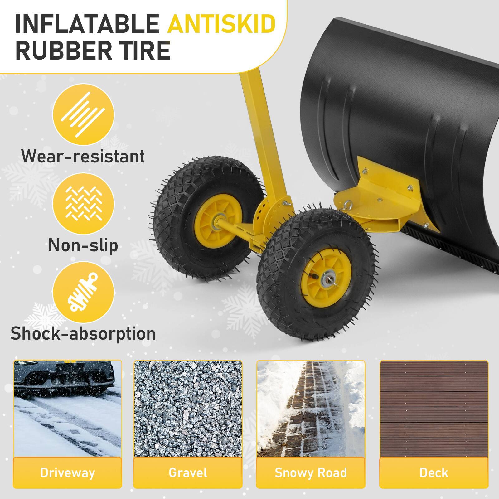 INFLATABLE ANTISKID RUBBER TIRE

- Wear-resistant
- Non-slip
- Shock-absorption

Suitable for:
- Driveway
- Gravel
- Snowy Road
- Deck