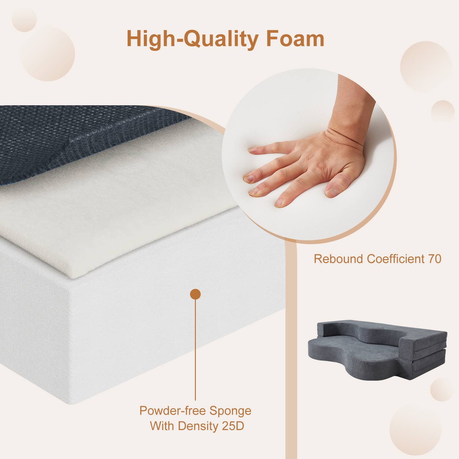 High-Quality Foam

Powder-free Sponge With Density 25D

Rebound Coefficient 70