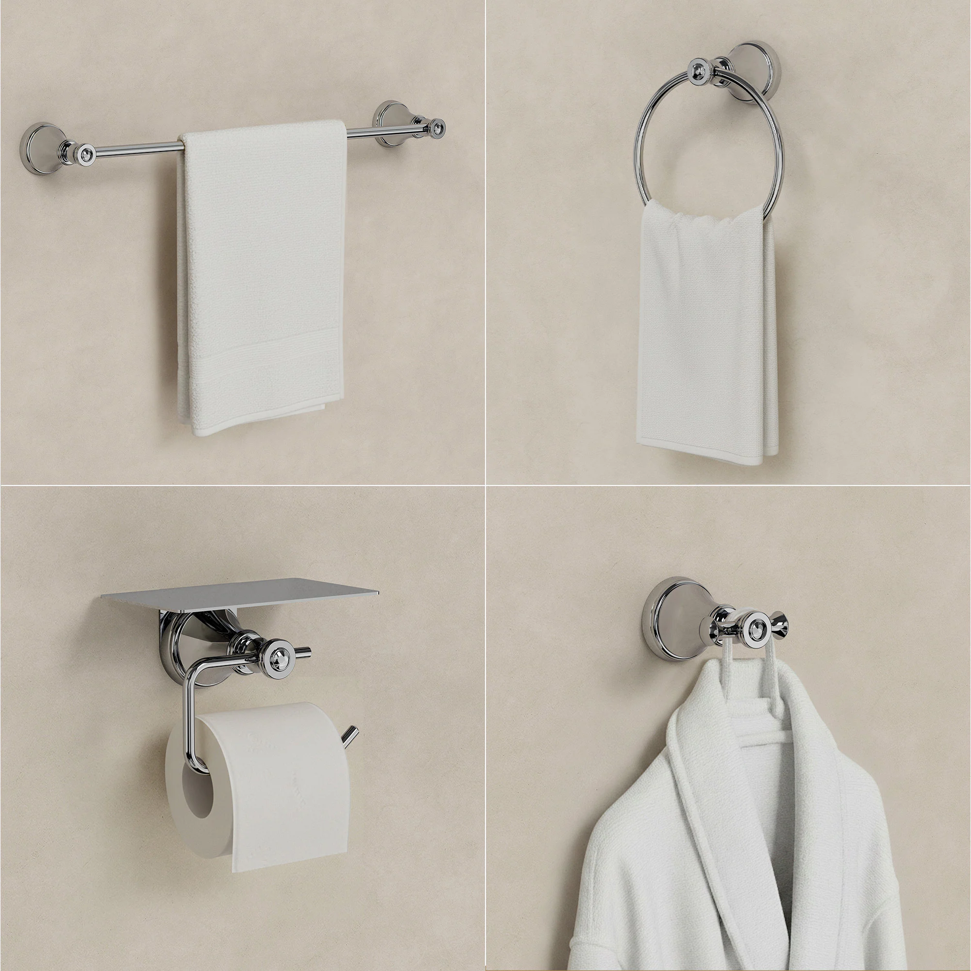 Angle. GRANDJOY - 4-Piece Bathroom Hardware Set with Phone Storage Shelf Toilet Paper Holder & 24 Inch Towel Bar - Chrome.