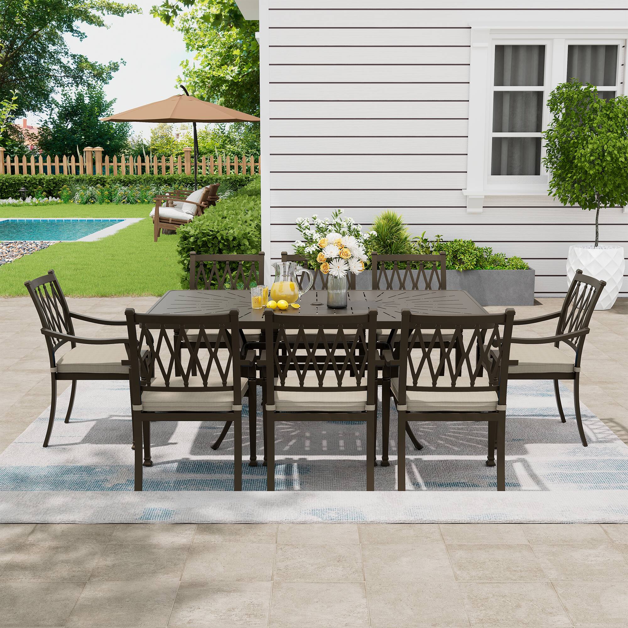 Left. Mondawe - 8 - Person Rectangular Outdoor Dining Set with Cushions - Black+Beige.