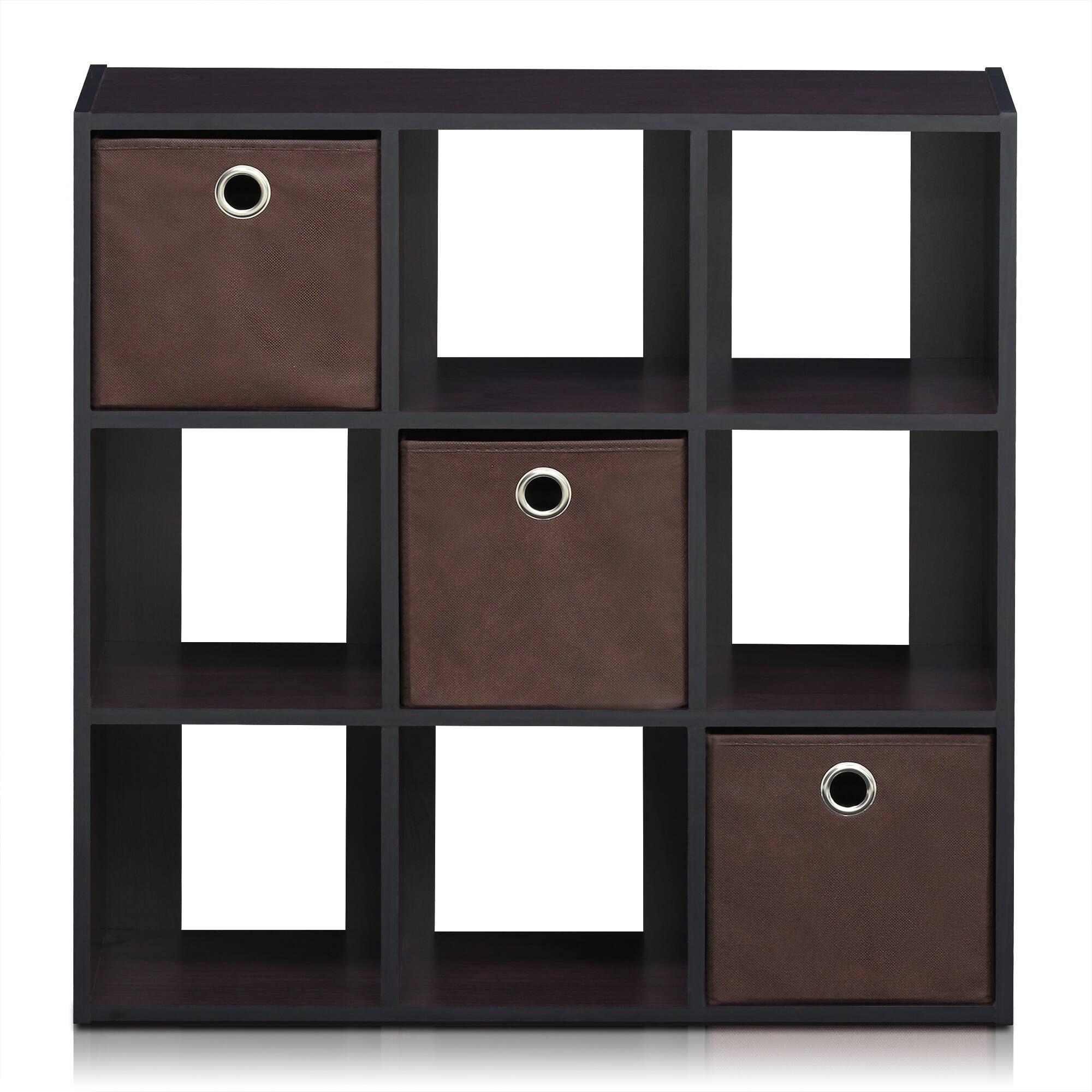 Alt View 2. Furinno - Simplistic 9-Cube Organizer with Bins - Dark Walnut.
