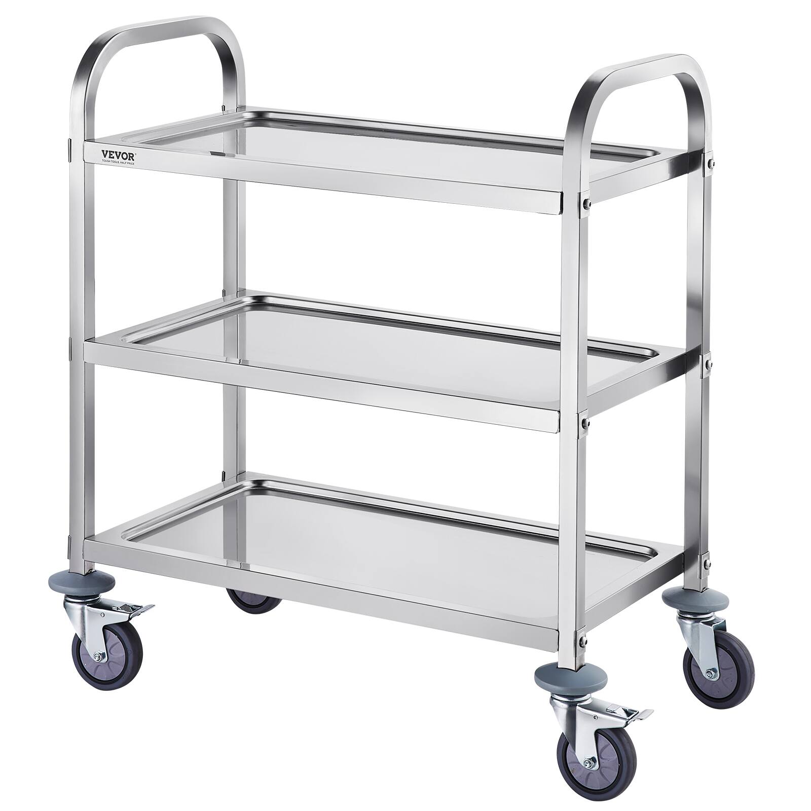 Alt View 5. VEVOR - Stainless Steel Cart, 3 Layers Lab Utility Cart 400lbs Weight Capacity, Medical Cart with Lockable Universal Wheels - Silver.