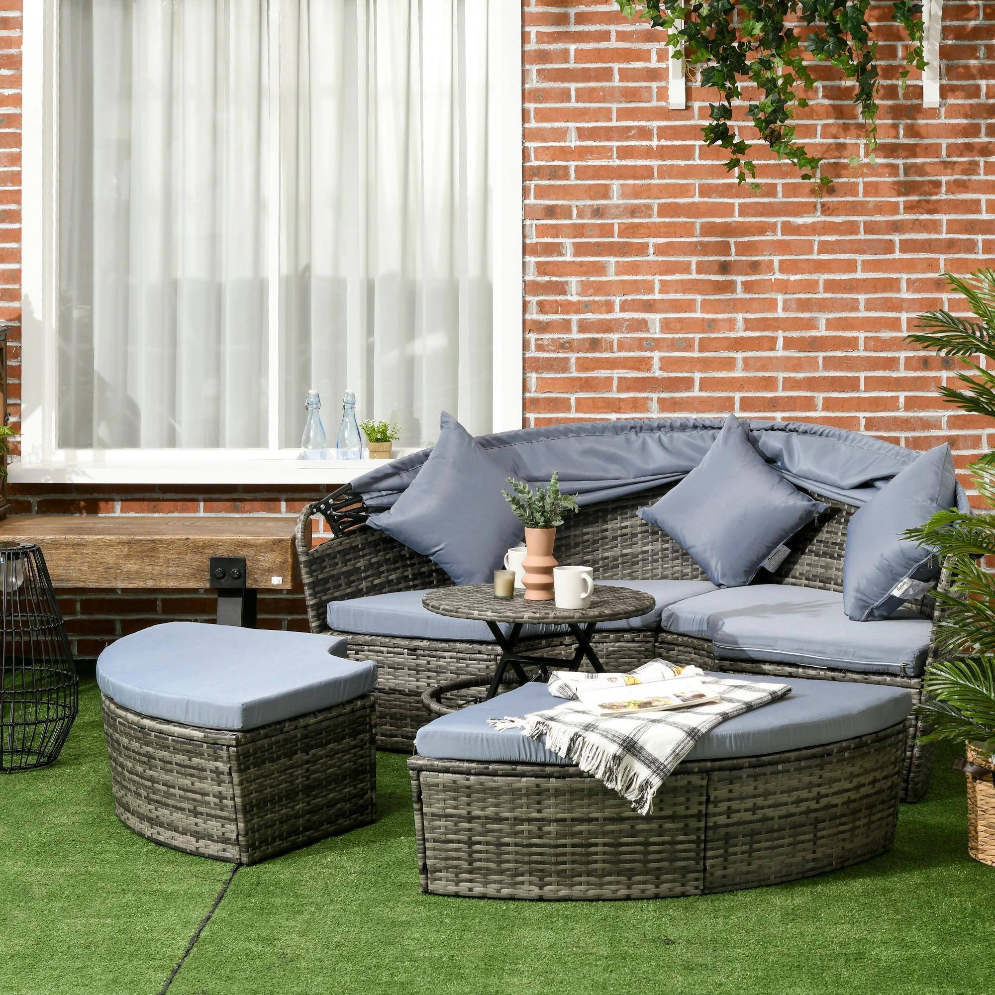 Angle. Spaco - Spaco 4PC Round Convertible Daybed,Rattan Canopy Ottoman Teapoy,Weatherproof - Light Grey.