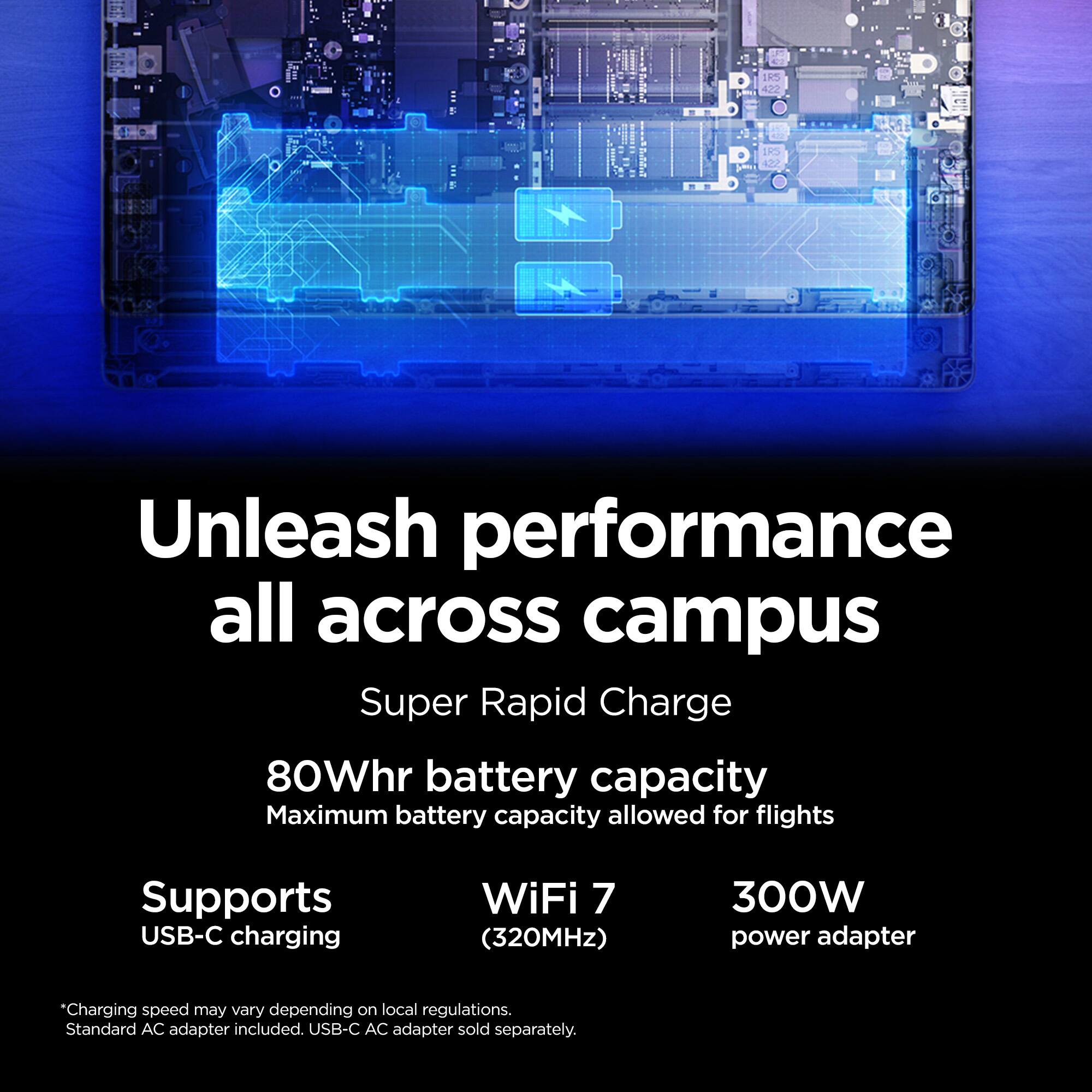 Unleash performance all across campus

Super Rapid Charge

80Whr battery capacity
Maximum battery capacity allowed for flights

Supports USB-C charging

WiFi 7 (320MHz)

300W power adapter

*Charging speed may vary depending on local regulations. Standard AC adapter included. USB-C AC adapter sold separately.