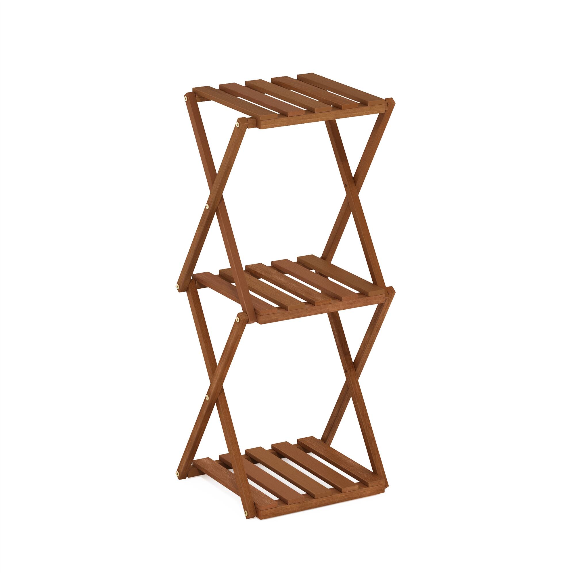 Furinno - Tioman Outdoor Toolless Multipurpose Folding Display Shelf, Plant Stand, Side Table, 3-Tier - Natural