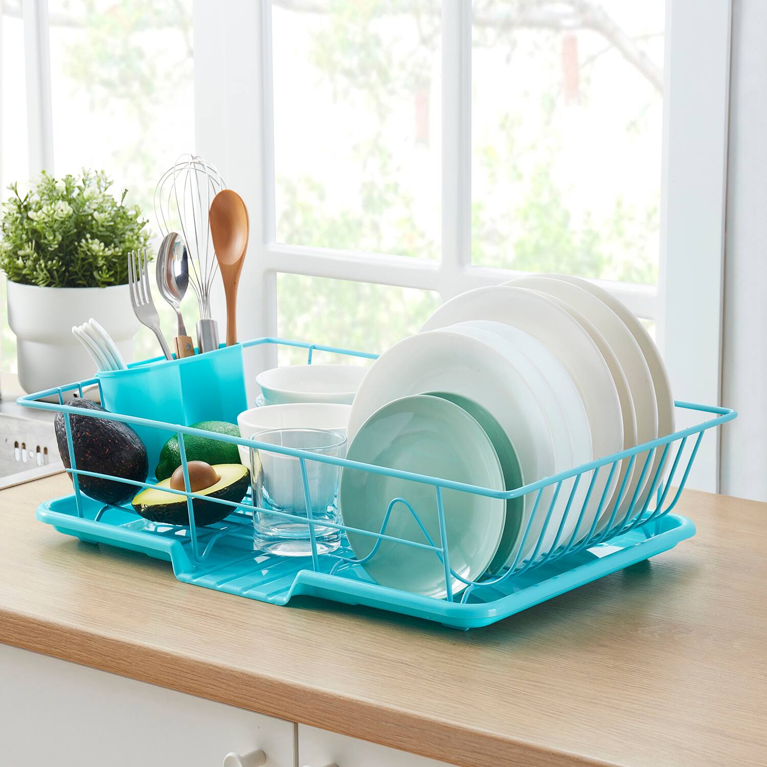 Front. Sweet Home Collection - Steel 3-Piece Large Countertop Dish Drainer with Drain Board & Utensil Holder - Turquoise.