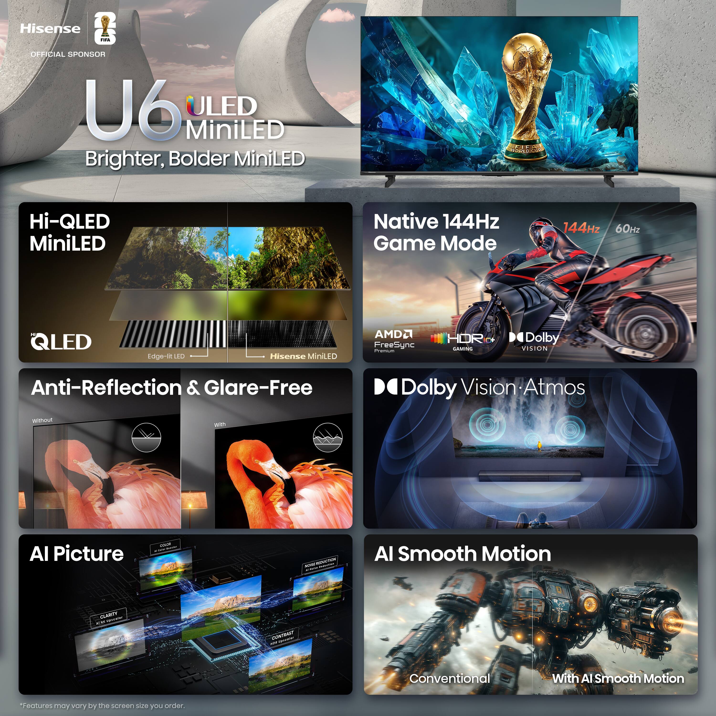 Hisense U6 ULED MiniLED Brighter, Bolder MiniLED Hi-QLED MiniLED Native 144Hz Game Mode 144Hz 60Hz QLED Edge-ll LED Hisense MiniLED AMD FreeSync - HDR SAMINS Dolby Vision Atmos Anti-Reflection & Glare-Free Dolby Vision Atmos AI Picture - AI Smooth Motion Features may vary by the screen size you order.