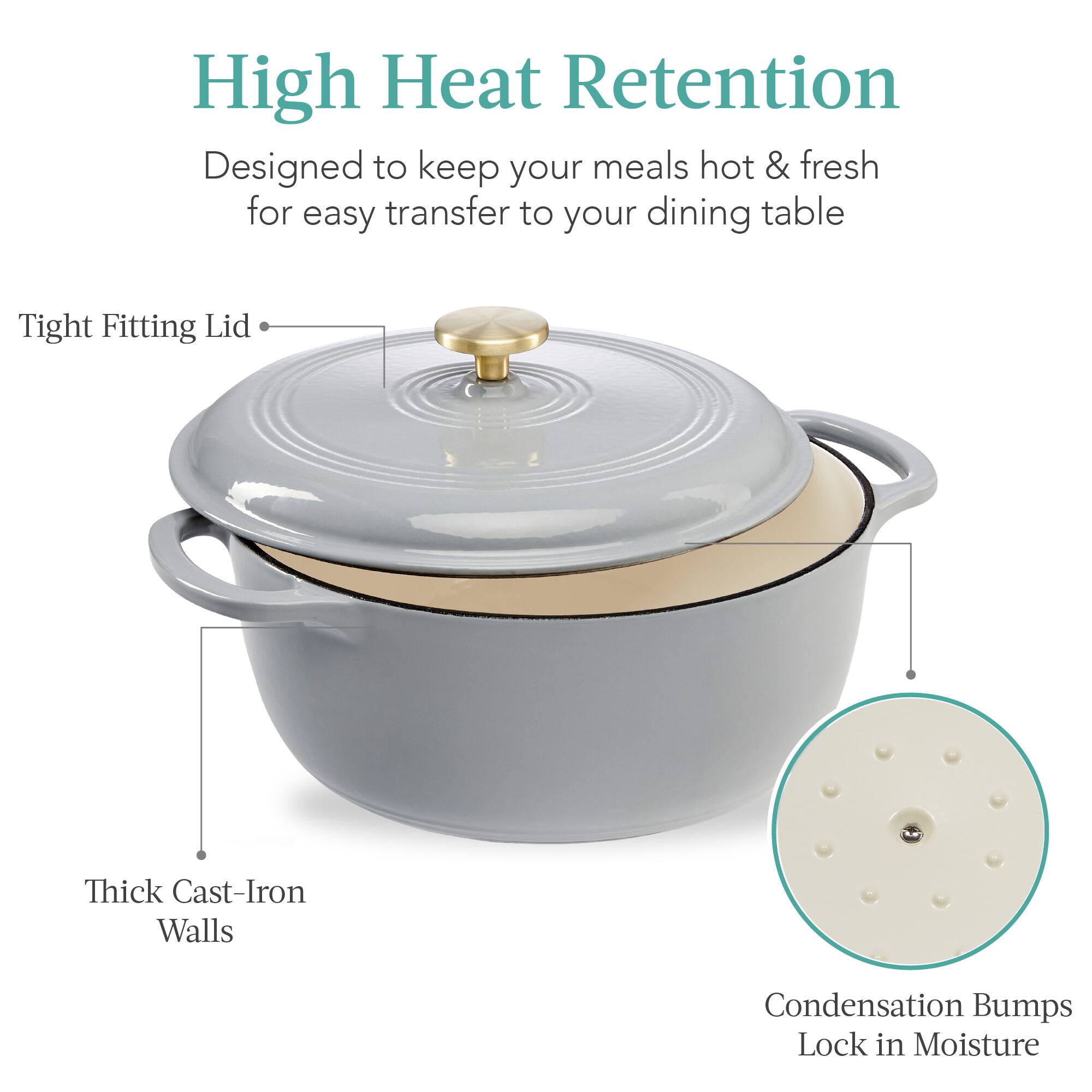 High Heat Retention  
Designed to keep your meals hot & fresh for easy transfer to your dining table  

- Tight Fitting Lid  
- Thick Cast-Iron Walls  
- Condensation Bumps Lock in Moisture