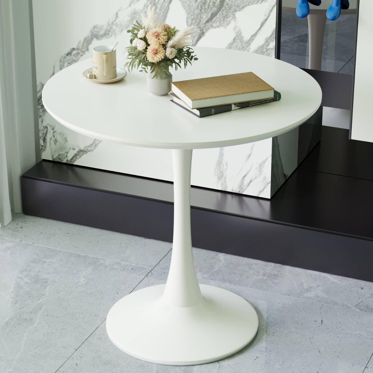 Back. Loheer - Loheer White Tulip Dining Table, 31.5 inch Round MDF Tabletop with Metal Pedestal Base - White.