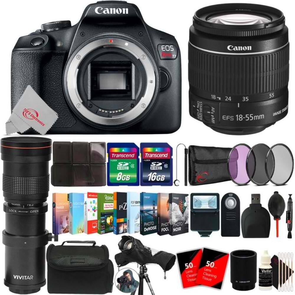 Canon EOS Rebel T7  
Canon EFS 18-55mm  
Transcend 8GB  
Transcend 16GB  
TED'S Electronics  
Vivitar 50mm Lens  
Lens Cleaning Tissue  
Vivitar Lens Cleaning Spray  
Photo Denoise  
Photo Focus  
Photo Noir  
Ruste PiZ  
VDEOS MAKER  
SUDERO  
LOCK OPEN  
IMAGE STABILIZER  
AF MF  
IMAGE STABILIZER  
50mm Lens Cleaning Tissue  
50mm Lens Cleaning Tissue