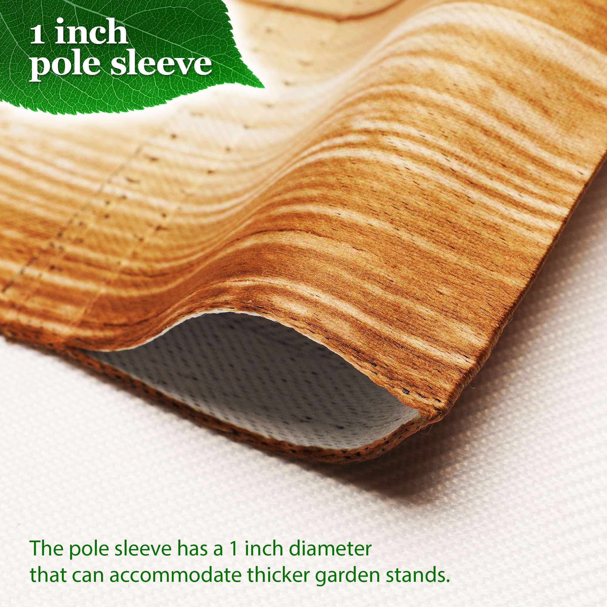 1 inch pole sleeve

The pole sleeve has a 1 inch diameter that can accommodate thicker garden stands.