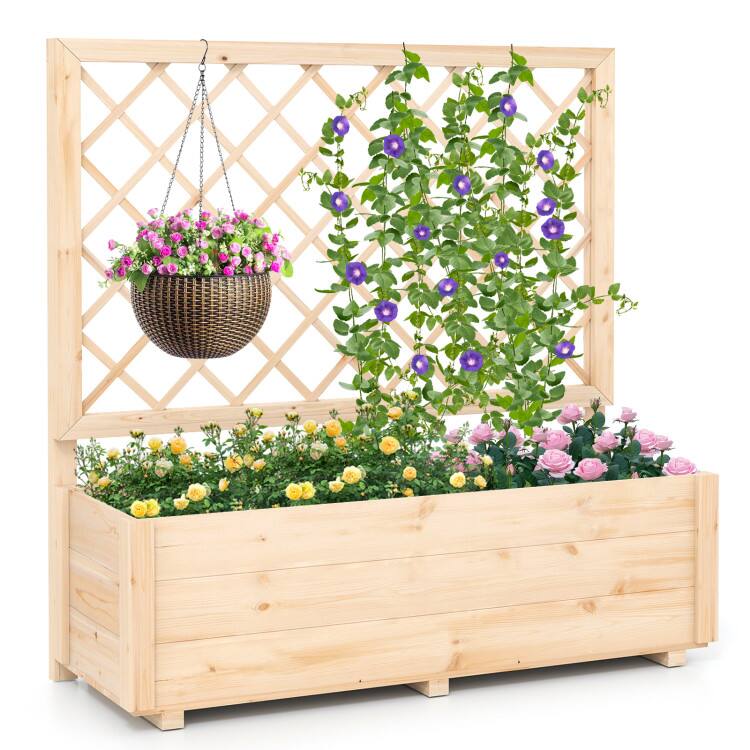 SlickBlue - Outdoor Raised Planter Box, Wood Construction, with Lattice Trellis - Natural