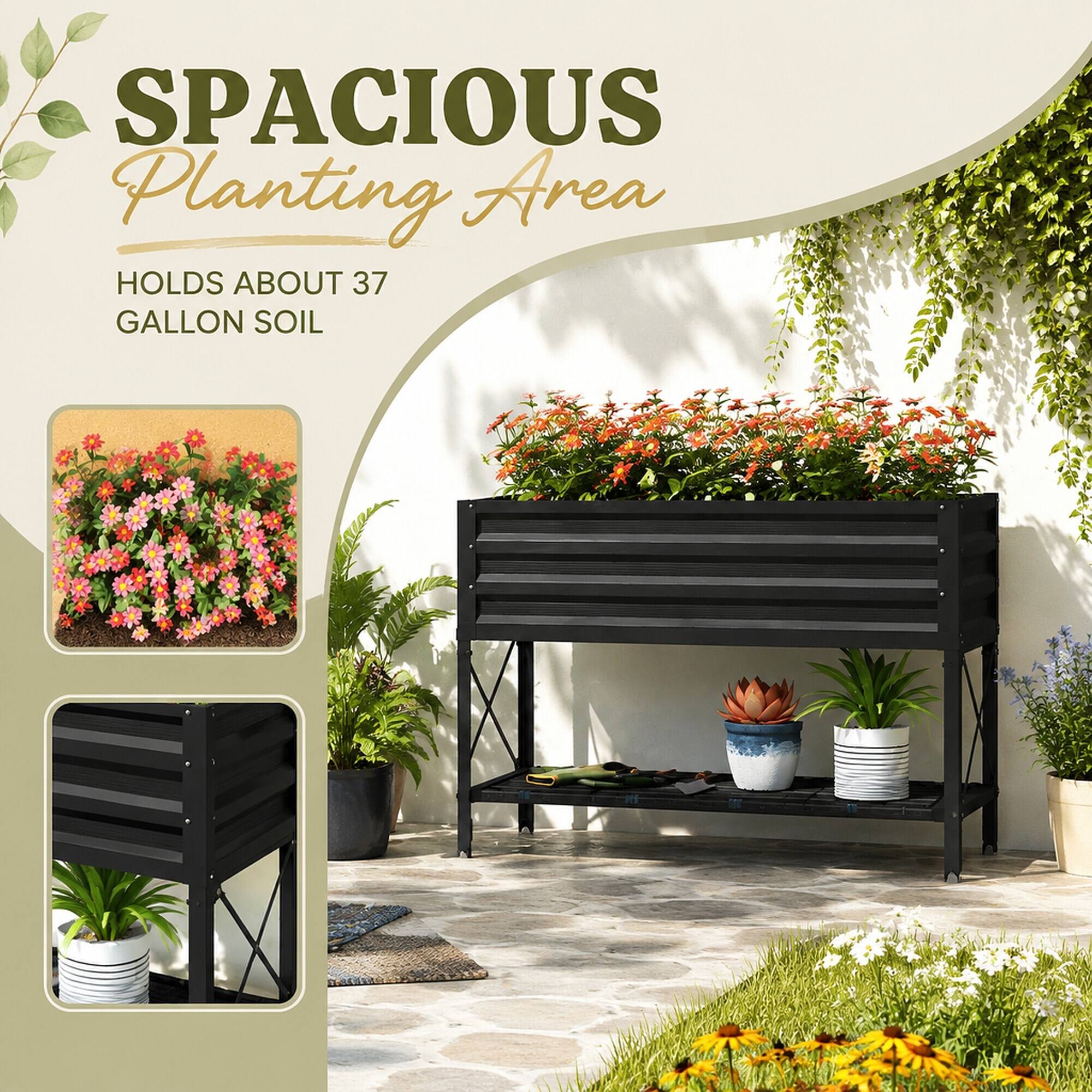 SPACIOUS Planting Area  
HOLDS ABOUT 37 GALLON SOIL