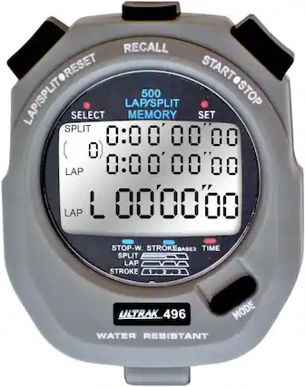 RECALL
LAP/SPLIT RESET
500 LAP/SPLIT MEMORY
SELECT
SPLIT (0)
LAP 0:00'00"00
LAP 0:00'00"00
L 00'00"00
START/STOP
SET
STOP-W. STROKE BASE3 TIME
SPLIT LAP STROKE
LAP 1 2 3
ULTRAK 496
WATER RESISTANT