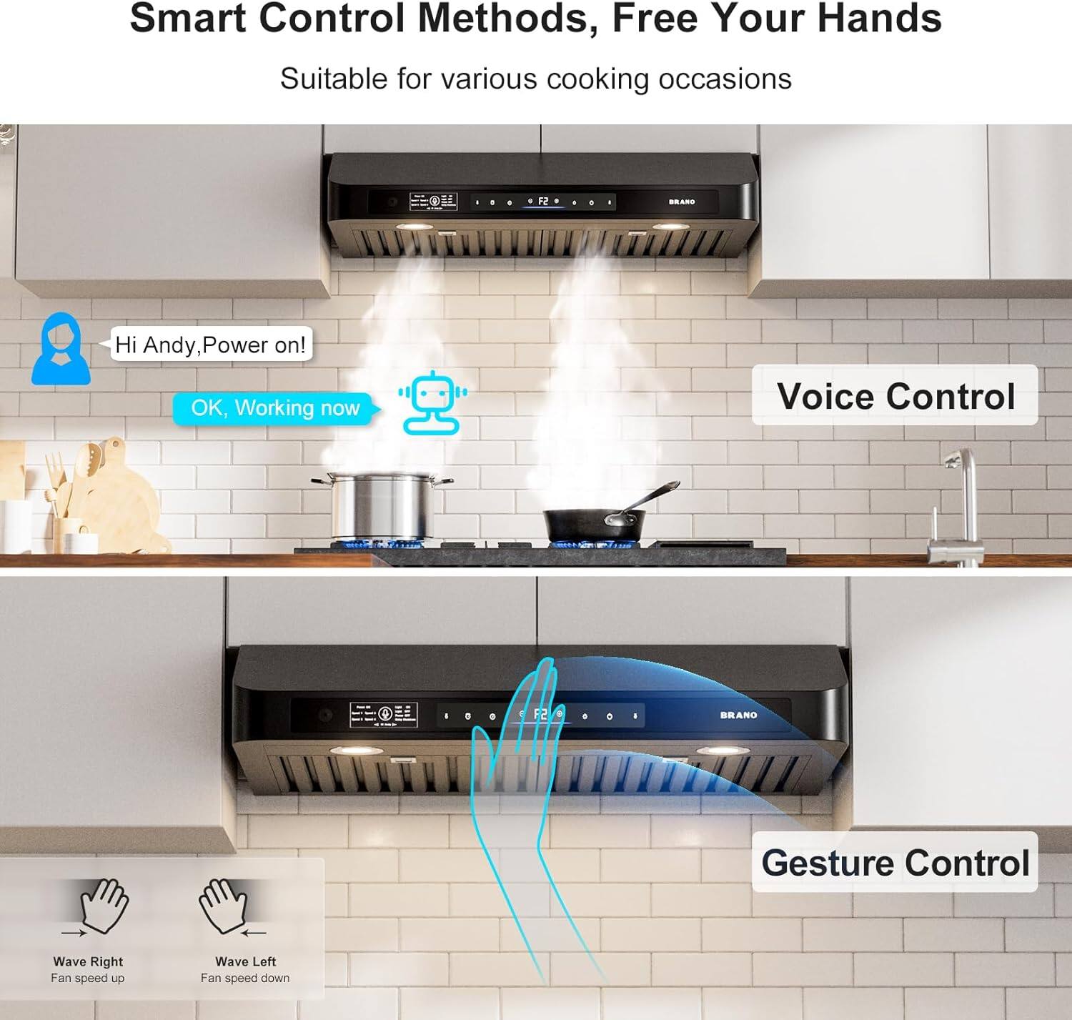 Smart Control Methods, Free Your Hands  
Suitable for various cooking occasions  

Hi Andy, Power on!  
OK, Working now  

Voice Control  

Gesture Control  
Wave Right - Fan speed up  
Wave Left - Fan speed down