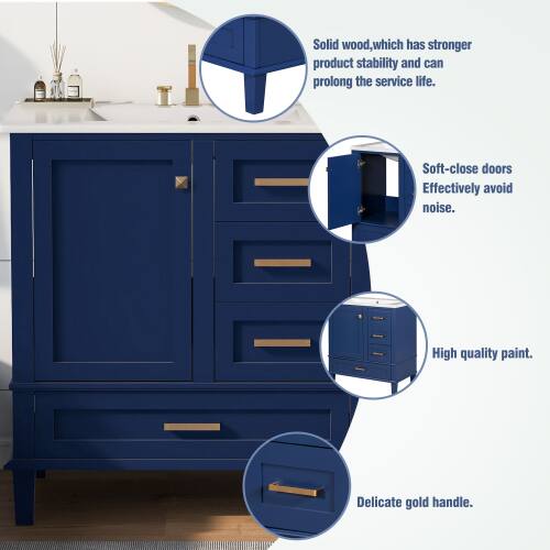 Solid wood, which has stronger product stability and can prolong the service life. Soft-close doors effectively avoid noise. High-quality paint. Delicate gold handle.