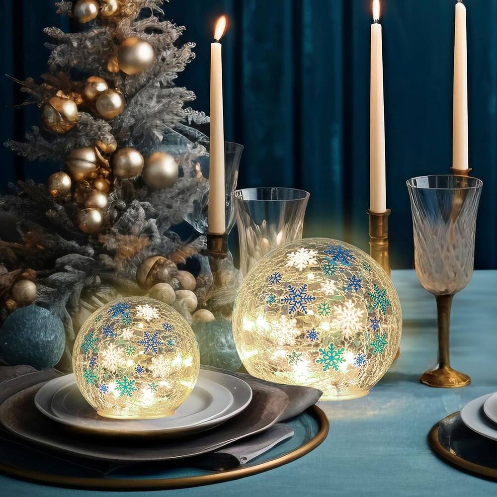 Alt View 2. Schertz - Set of 2 Lighted Glass Crackle Ball Ornaments – LED Snowflake, Battery Operated - multicolor.