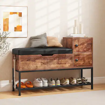 Tavia Entryway Shoe Bench With Storage Shelves Drawers, Cherry Wood