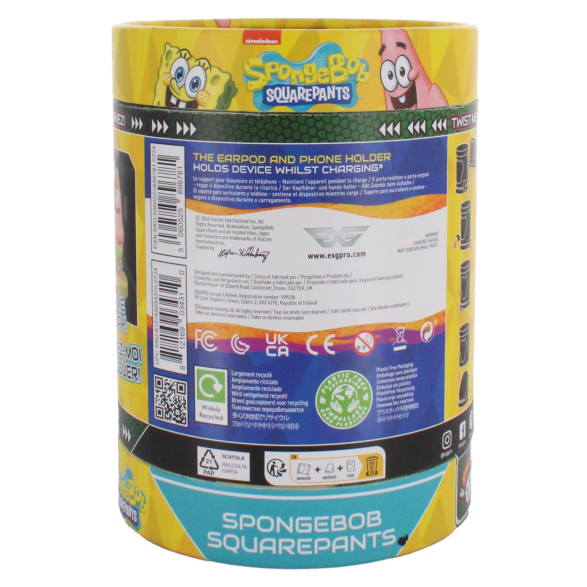 The image features a Spongebob Squarepants themed product, which is a phone holder and earpod. The product is designed to hold a device while it is charging, ensuring that it remains secure and easily accessible. The packaging for the product is colorful and features the Spongebob Squarepants logo, making it visually appealing and likely attracting fans of the popular cartoon. The product is available in a variety of colors, including blue, yellow, and orange, which adds to its vibrant and fun appearance.