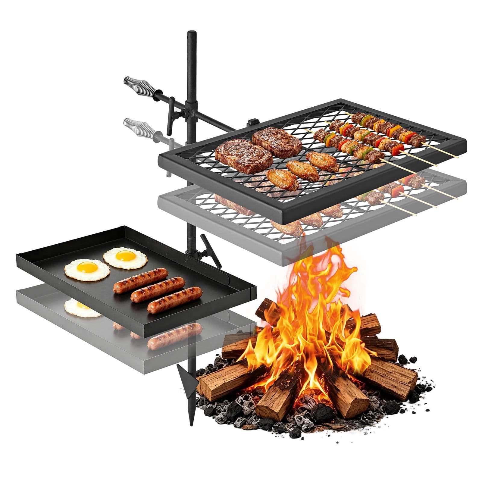 VEVOR - Heavy Duty Swivel Campfire Grill,Double Layer Portable Camping Grill Grate & Griddle, Sturdy Steel BBQ Mesh, 360° Height - Black