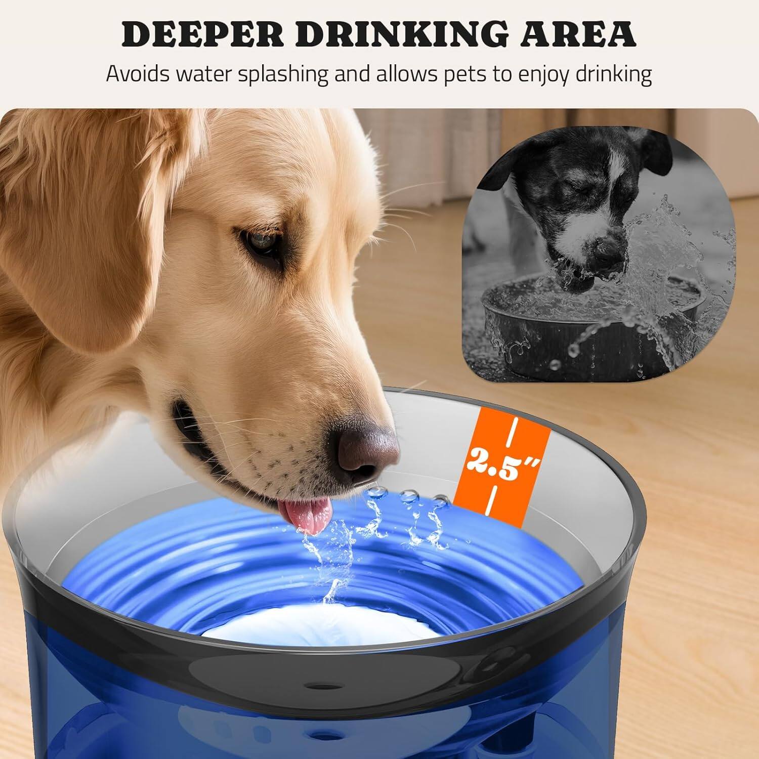 DEEPER DRINKING AREA  
Avoids water splashing and allows pets to enjoy drinking  

2.5"