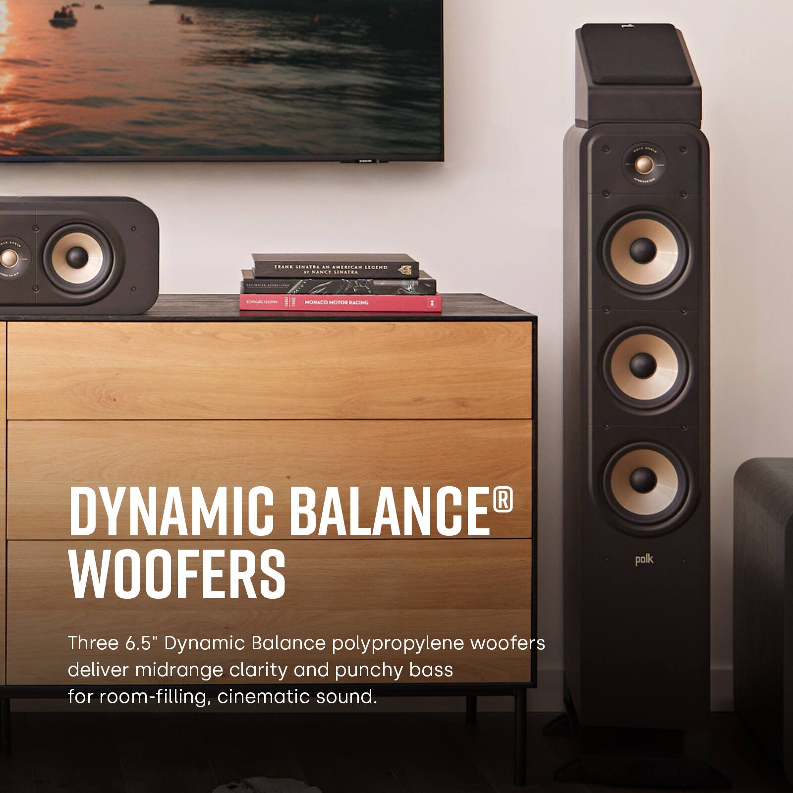 The text on the image reads:

"Dynamic Balance Woofers: Three 6.5" Dynamic Balance polypropylene woofers deliver midrange clarity and punchy bass for room-filling, cinematic sound."