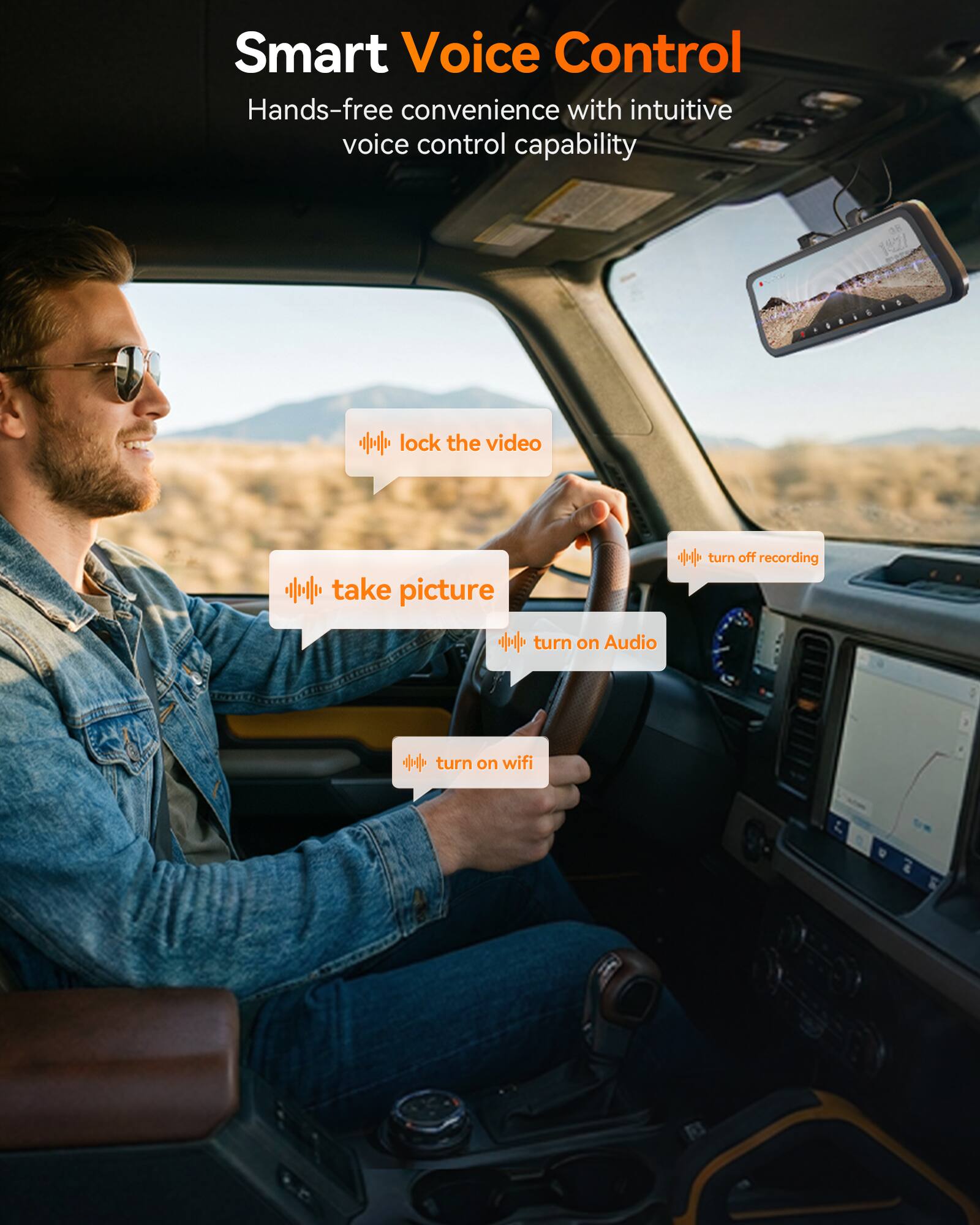 Smart Voice Control  
Hands-free convenience with intuitive voice control capability

- lock the video
- take picture
- turn off recording
- turn on Audio
- turn on wifi