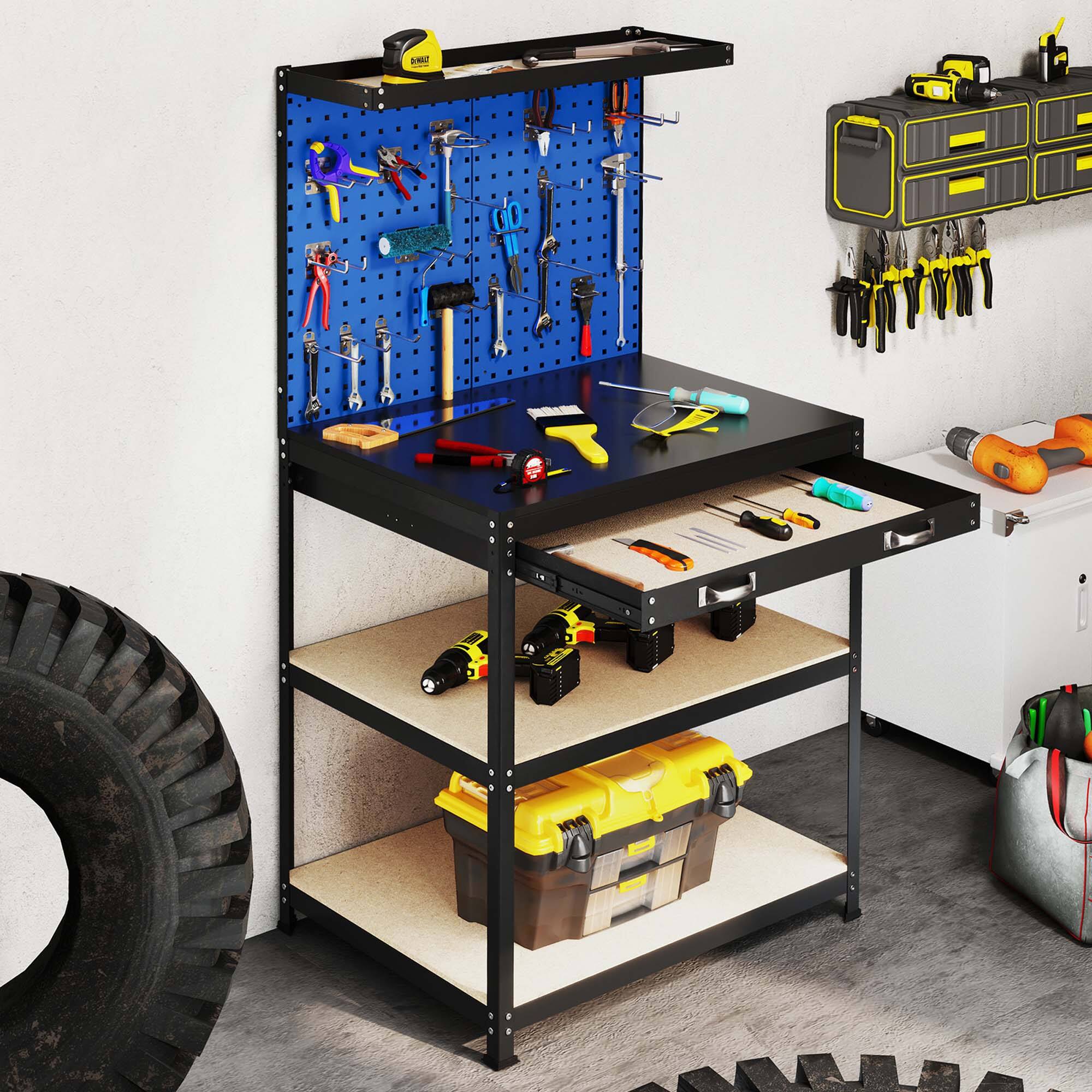 Alt View 3. Gymax - Gymax 32'' x 16'' Workbench w/ Pegboard 20PCS Tool Hooks Drawer & Open Shelves Navy - Navy.