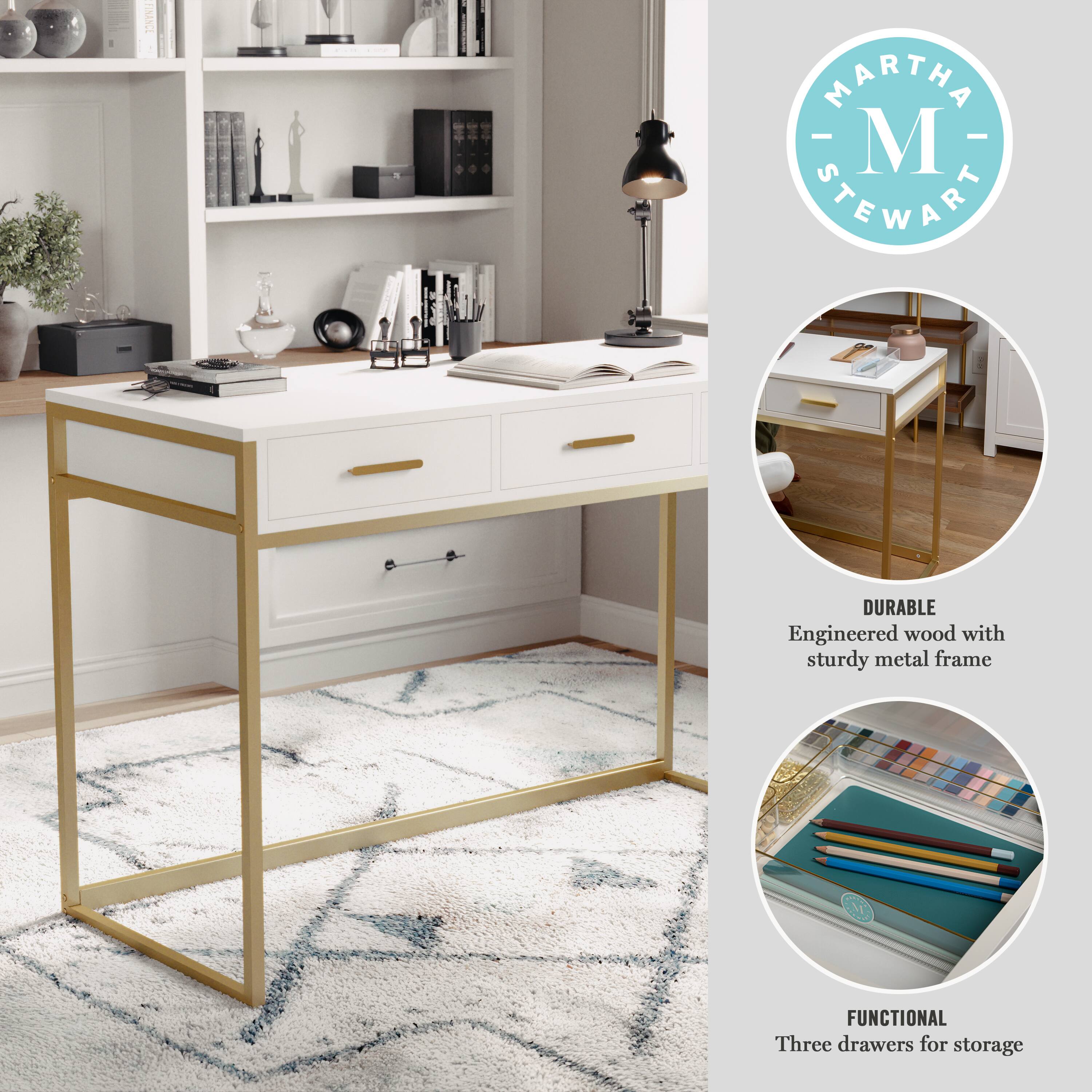"Martha Stewart" is the brand name associated with the desk and shelves in the image. The desk is made of engineered wood and features a sturdy metal frame. It also has three drawers for storage, making it a functional and practical piece of furniture.