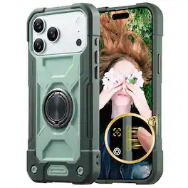 Dteck - for iPhone 17 Pro Max Case with Built-in Rotating Ring Stand, Military Grade Drop Protection Rugged Durable Cover - Darkgreen+Light Green