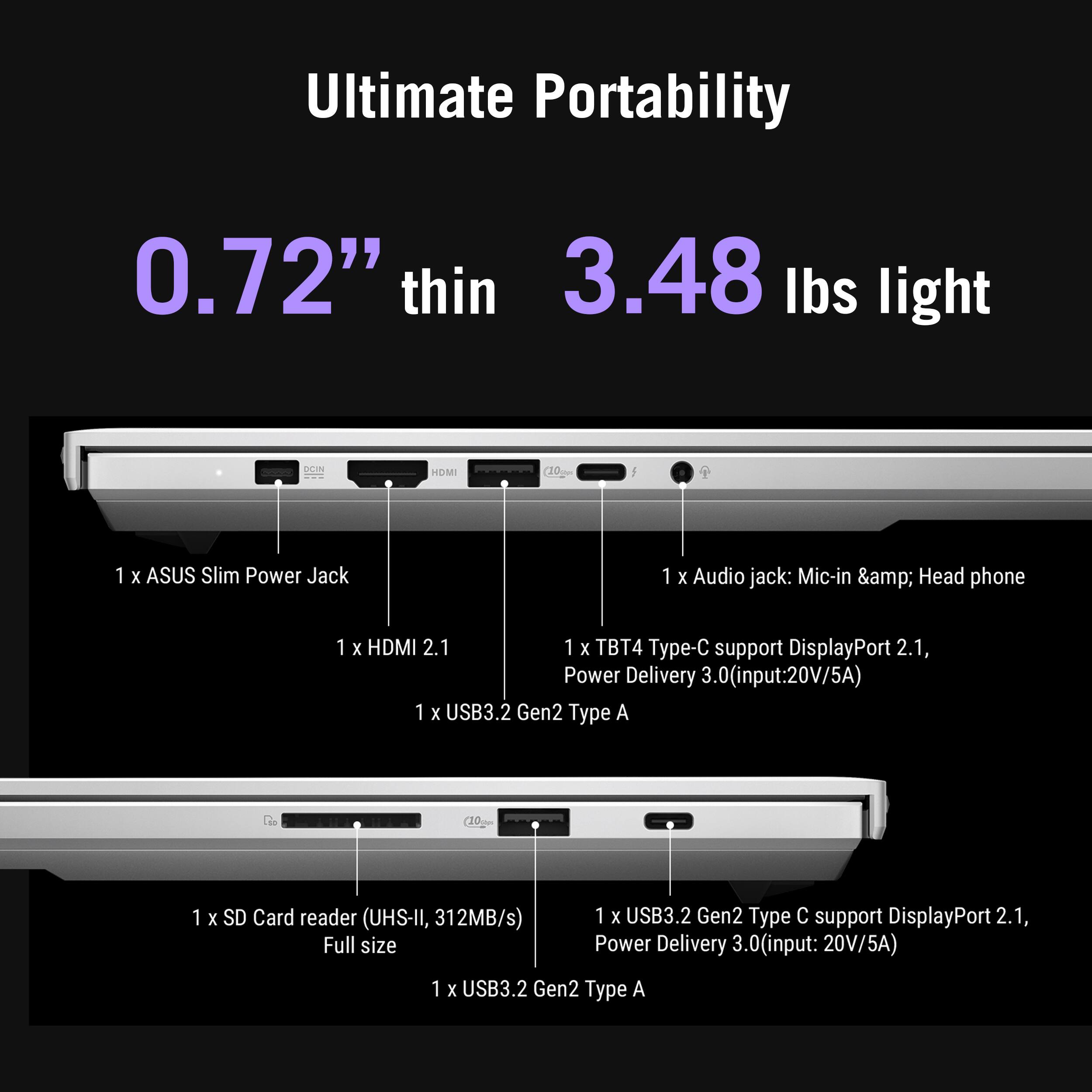Ultimate Portability  
0.72" thin  
3.48 lbs light  

1 x ASUS Slim Power Jack  
1 x HDMI 2.1  
1 x USB3.2 Gen2 Type A  
1 x SD Card reader (UHS-II, 312MB/s) Full size  
1 x USB3.2 Gen2 Type C support DisplayPort 2.1, Power Delivery 3.0 (input: 20V/5A)  
1 x Audio jack: Mic-in & Headphone  
1 x TB4 Type-C support DisplayPort 2.1, Power Delivery 3.0 (input: 20V/5A)