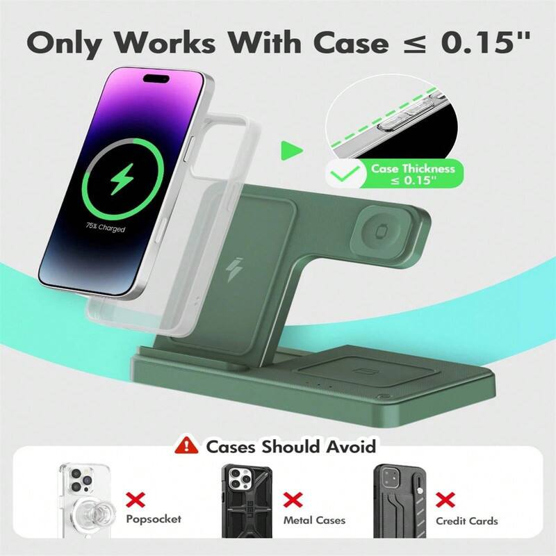 Only Works With Case ≤ 0.15"  
Case Thickness ≤ 0.15"  
75% Charged  

Cases Should Avoid  
Popsocket  
Metal Cases  
Credit Cards