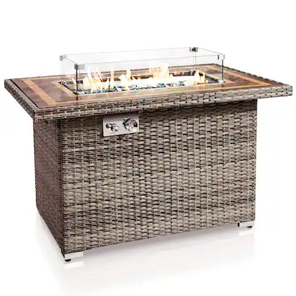 Front. SereneLife - SereneLife Outdoor Propane Fire Pit Table, 50,000 BTU, Auto-Ignition, Glass Wind Guard, Mosaic Table - SLFPTIL49 - Brown.