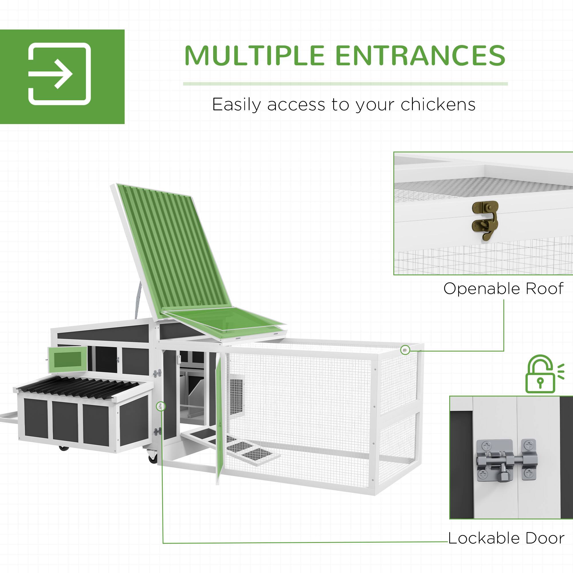 MULTIPLE ENTRANCES  
Easily access to your chickens  

Openable Roof  
Lockable Door