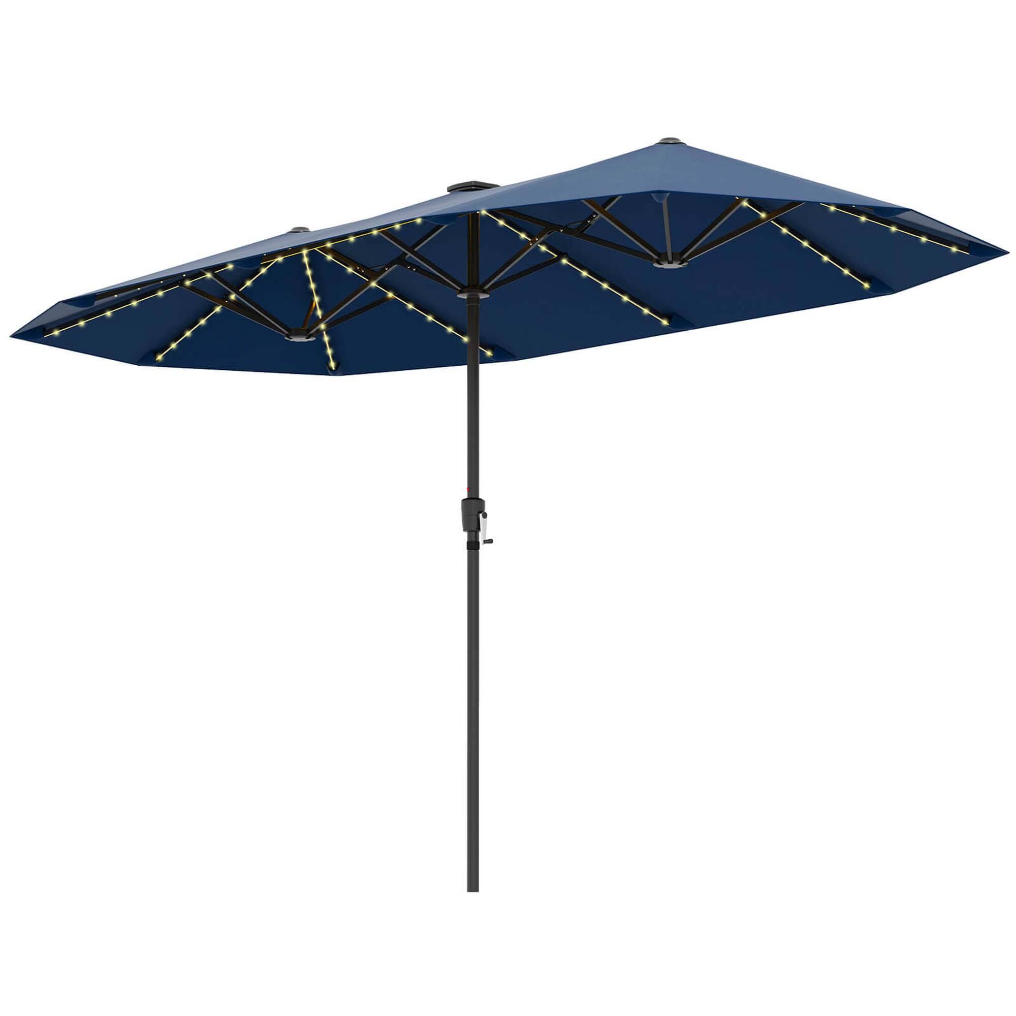 Costway - 13 FT Large Patio Umbrella with LED Solar Lights Crank Handle 12 Heavy-Duty Ribs - Navy